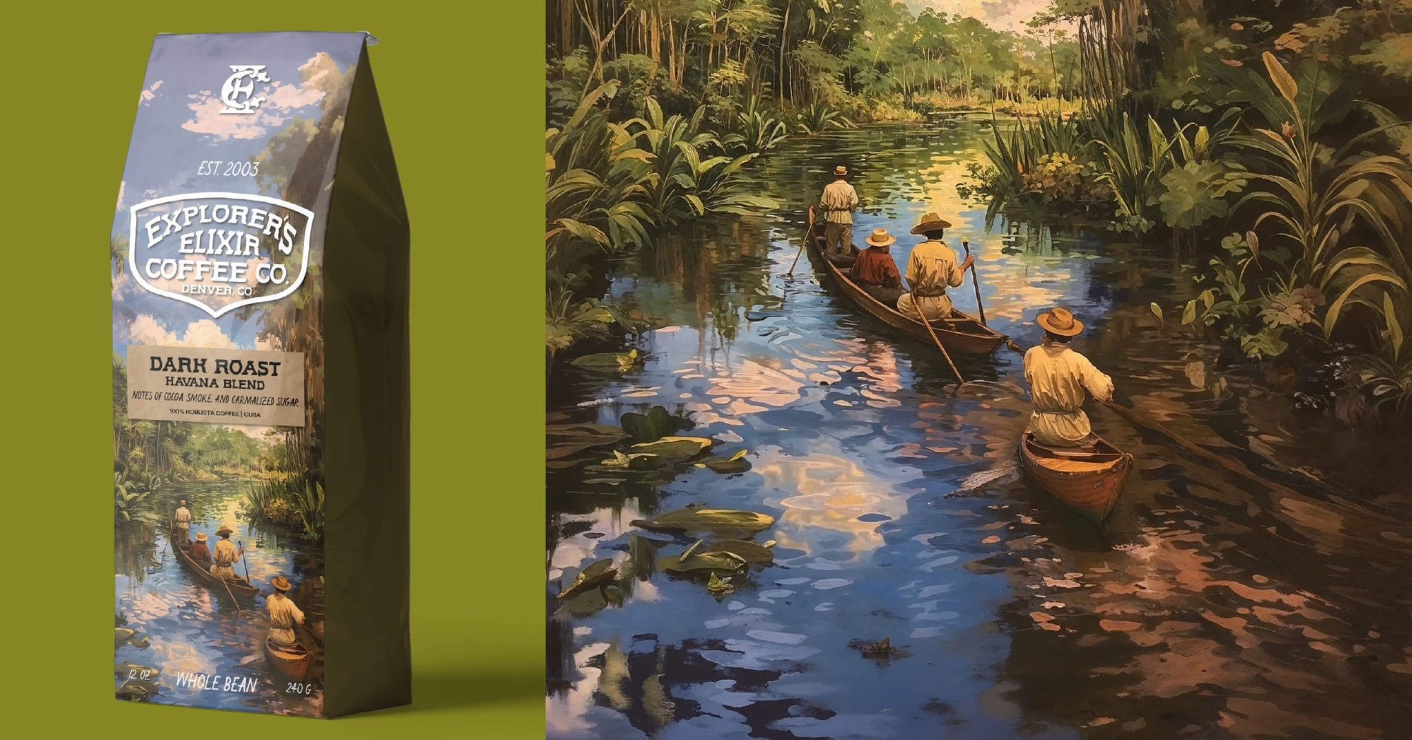 Explorer Elixir Coffee Packaging + AI Artwork