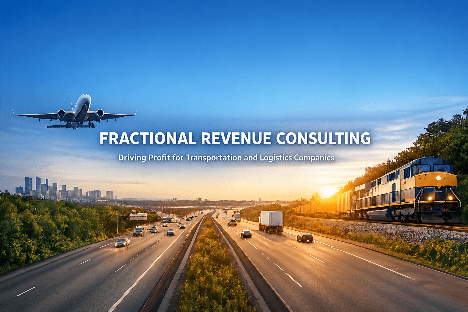 Transportation Revenue consulting graphic featuring airplane, highway traffic, freight train, and city skyline.