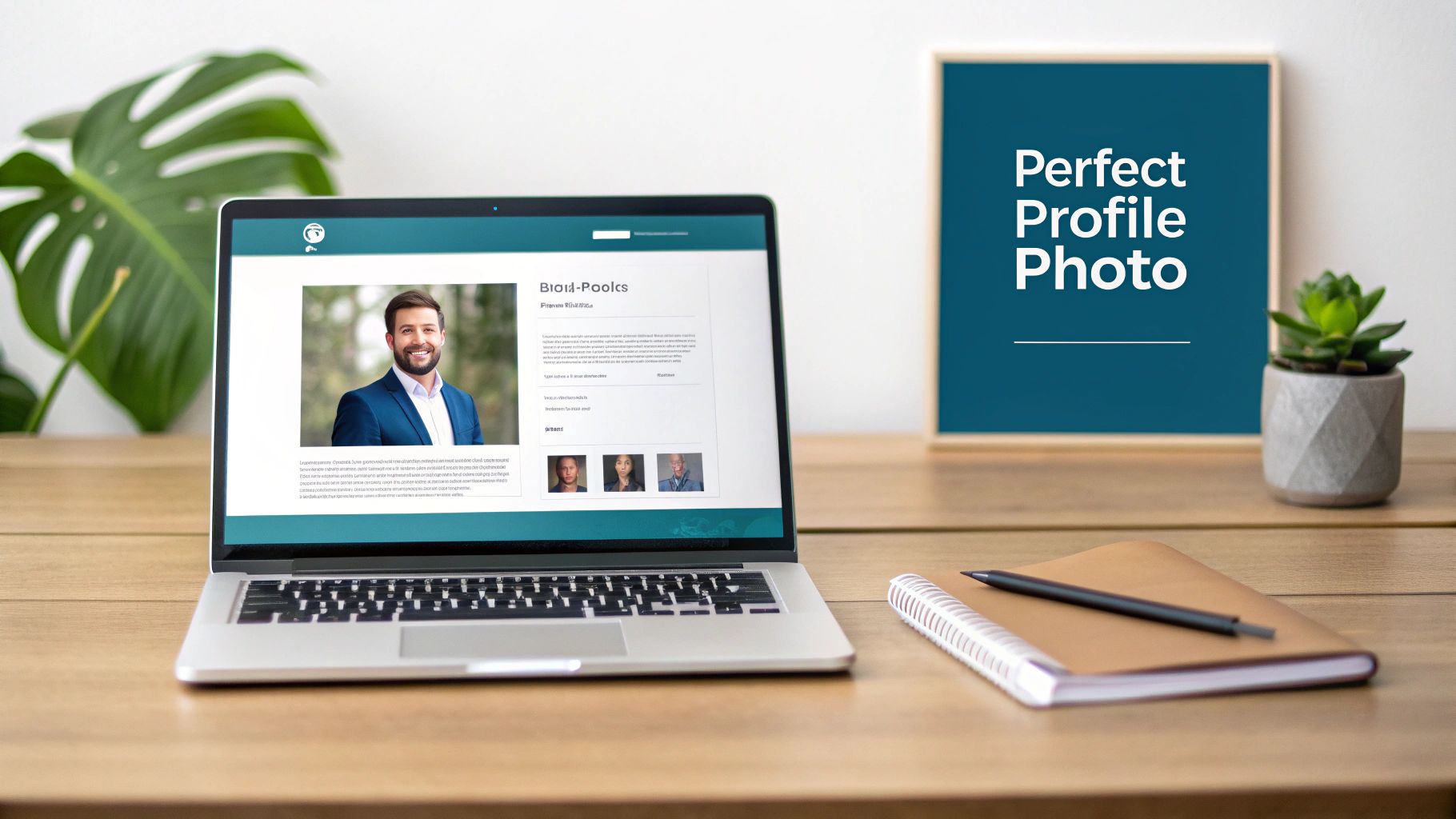 A laptop displaying a professional profile photo, with a 'Perfect Profile Photo' sign nearby on a desk.