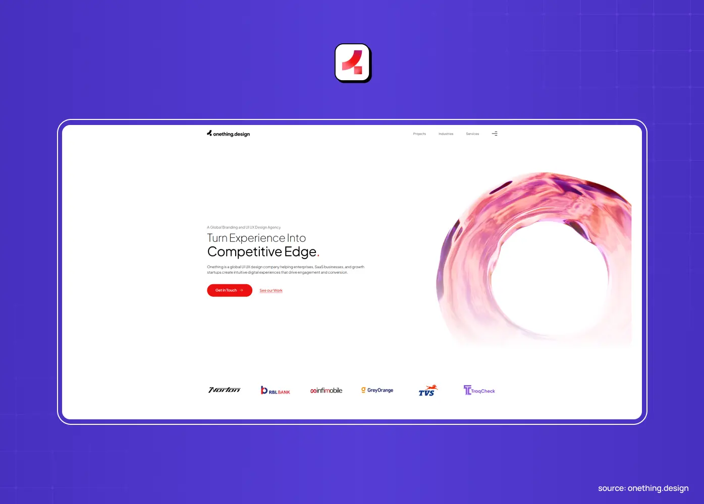 Onething Design homepage with the headline “Turn Experience Into Competitive Edge” beside a pink circular render, above a row of client logos including TVS.
