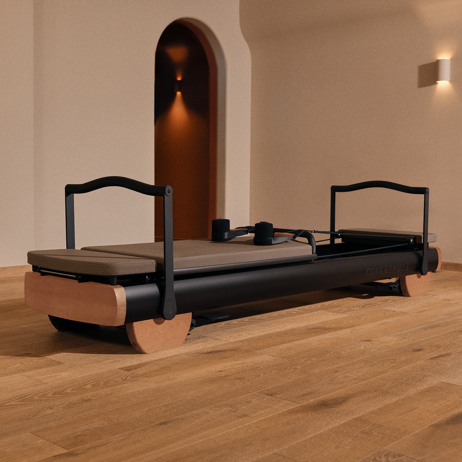 Misty mountain peaks at sunrise with soft pastel sky