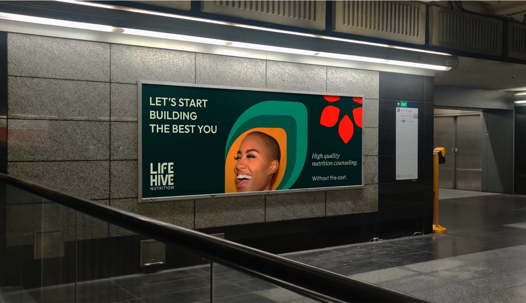 A LifeHive billboard in a subway station: “Let’s start building the best you”