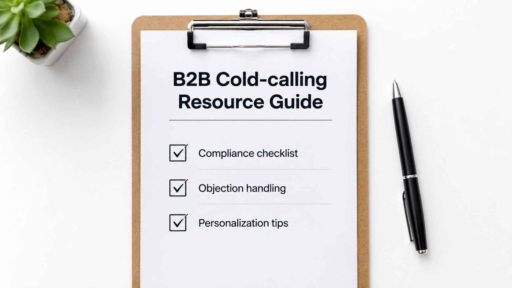 A clipboard showing a B2B cold-calling resource guide with checklists for compliance, objection handling, and personalization.