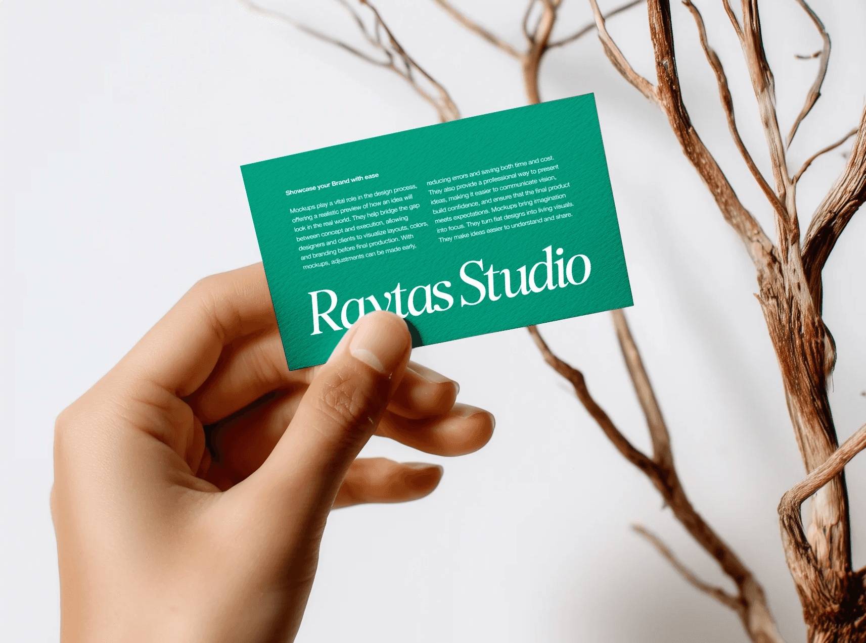 Hand holding green Raytas Studio card
