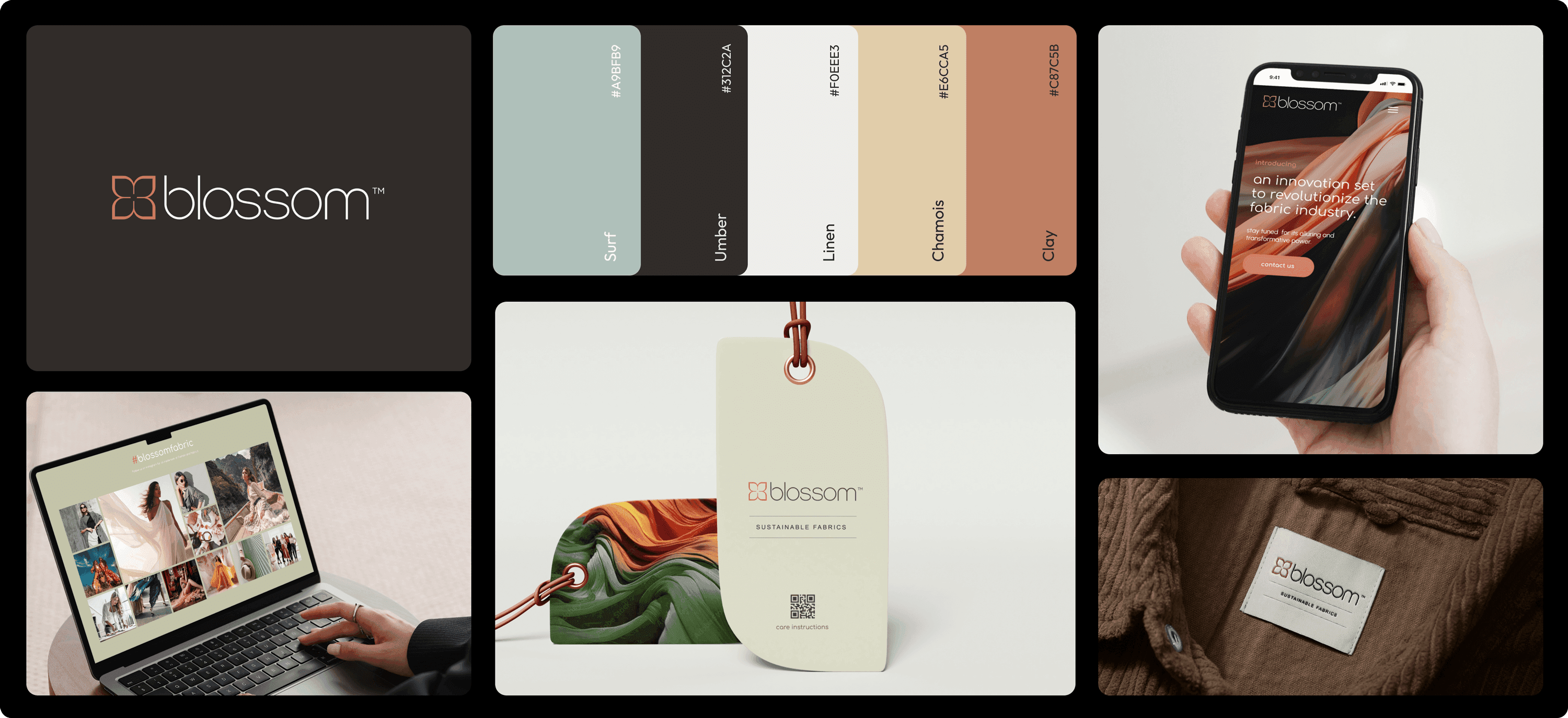 Blossom Brand Identity: Mosaic showing the logo, color palette, fabric mockups, website design on a phone, and product hang tag for the innovative fabric industry brand.