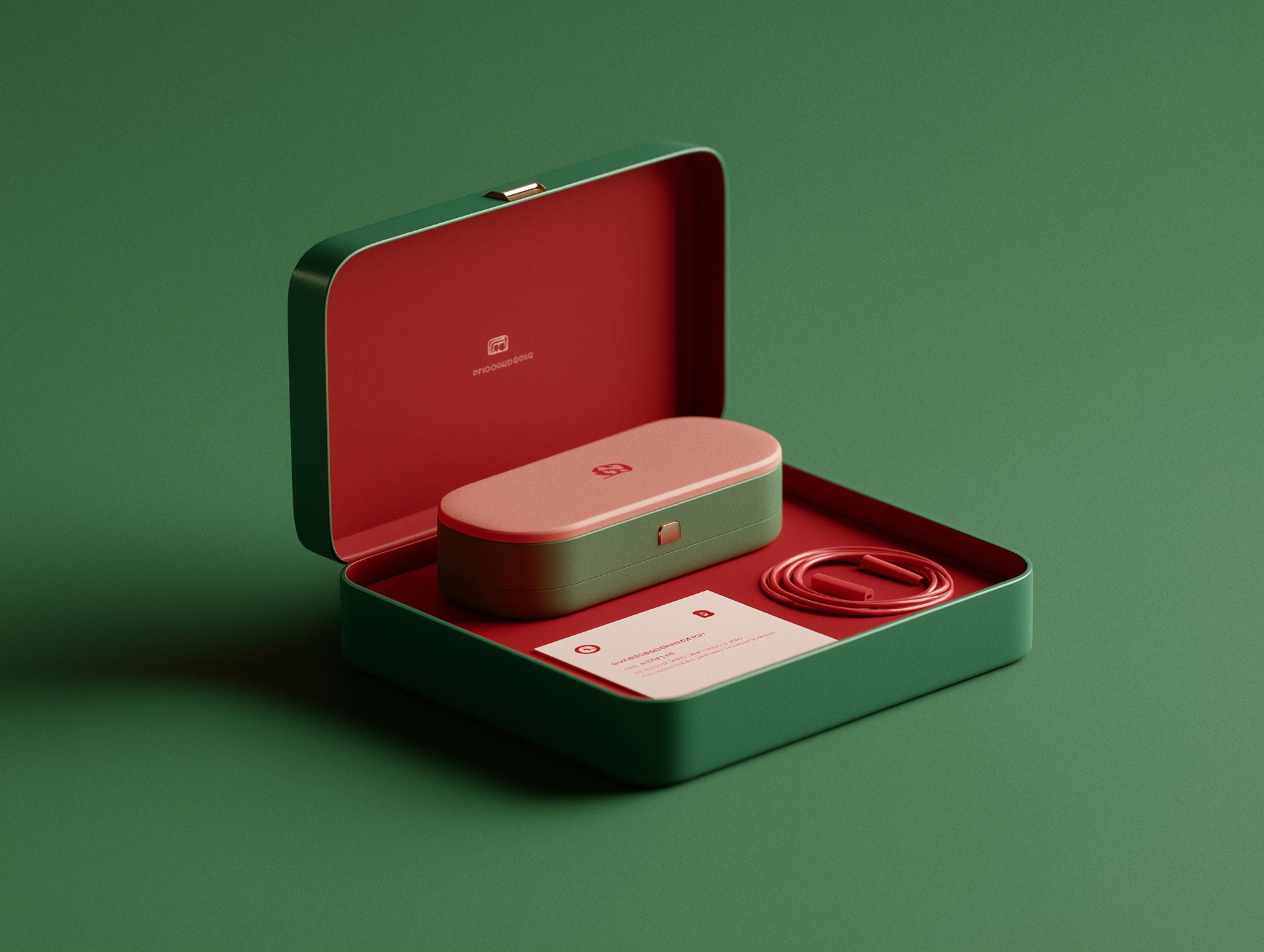 Open red velvet jewelry box displaying contents on green surface with soft lighting