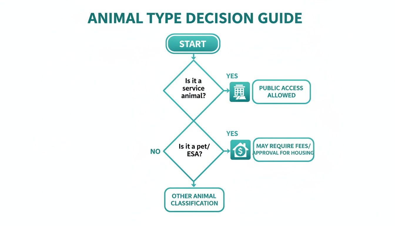 A flowchart decision guide for animal types, showing paths for service animals, pets/ESAs, and other classifications.