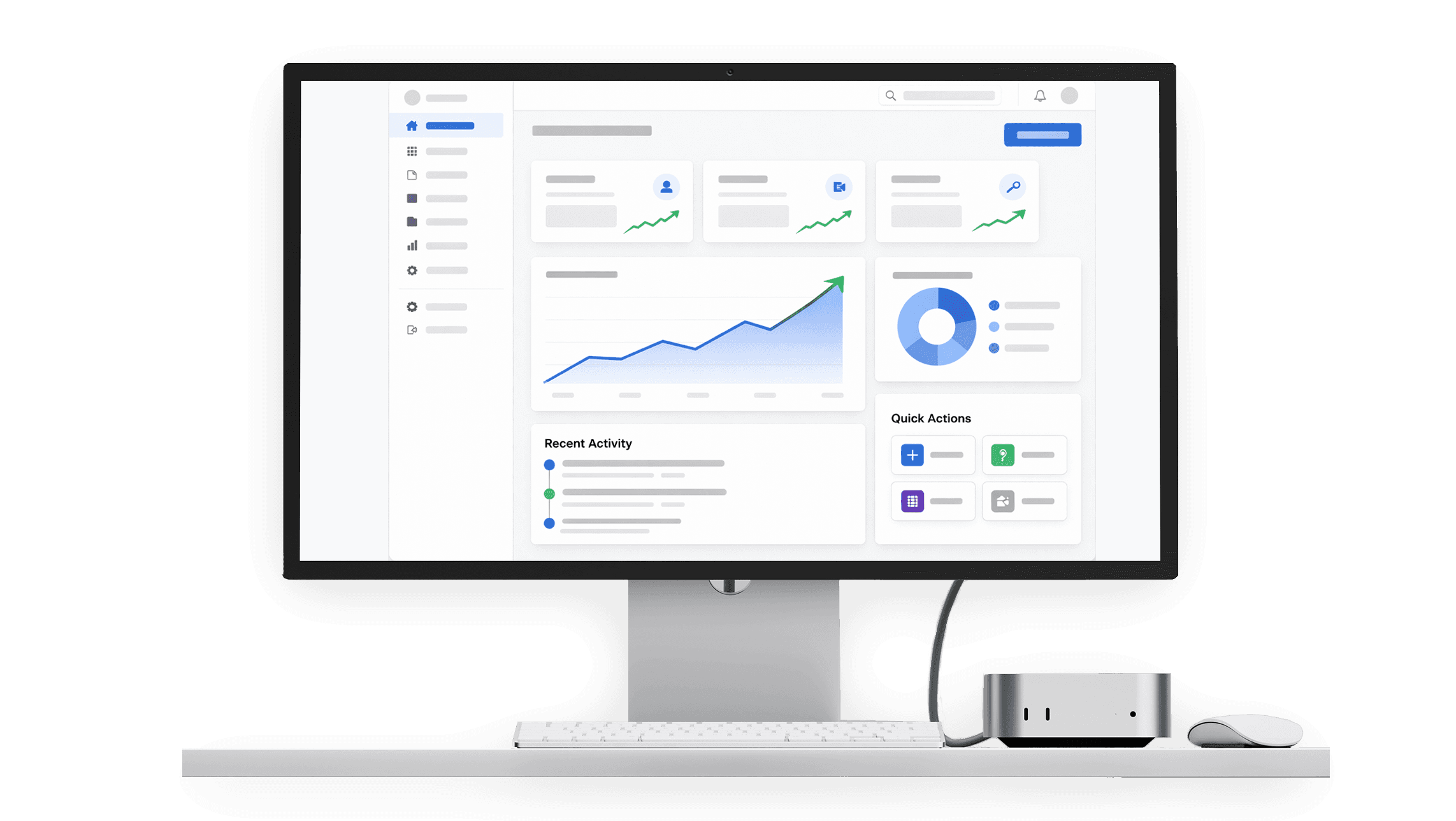 An image of a desktop computer with a UI dashboard of successful metrics tracking digital presence.