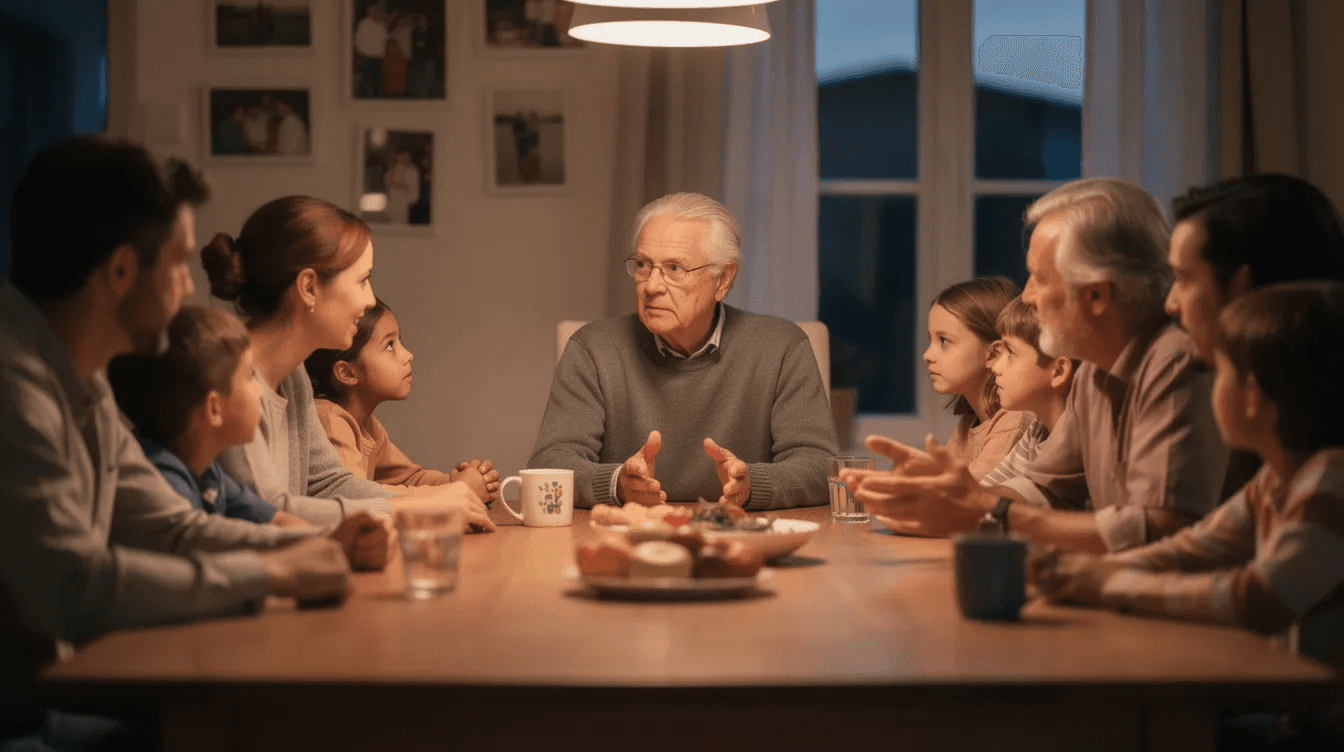 A multi-generational family is gathered around a table, engaged in a meaningful discussion about charitable giving strategies and the impact of their financial legacy. They are exploring ways to support their favorite charities while considering tax benefits and the importance of involving family members in their philanthropic journey.