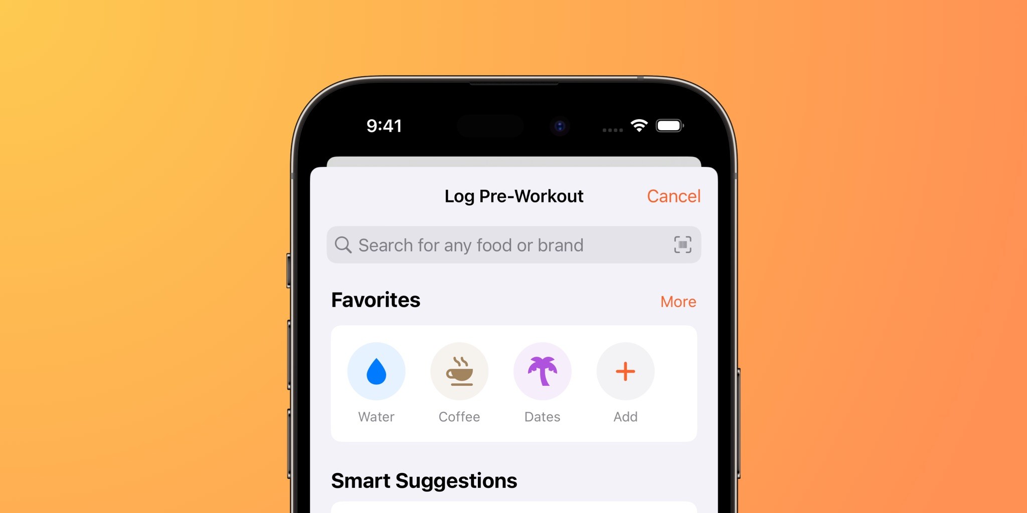 Log food screen with the new favorites bar, which contains colored buttons for water, coffee, and dates
