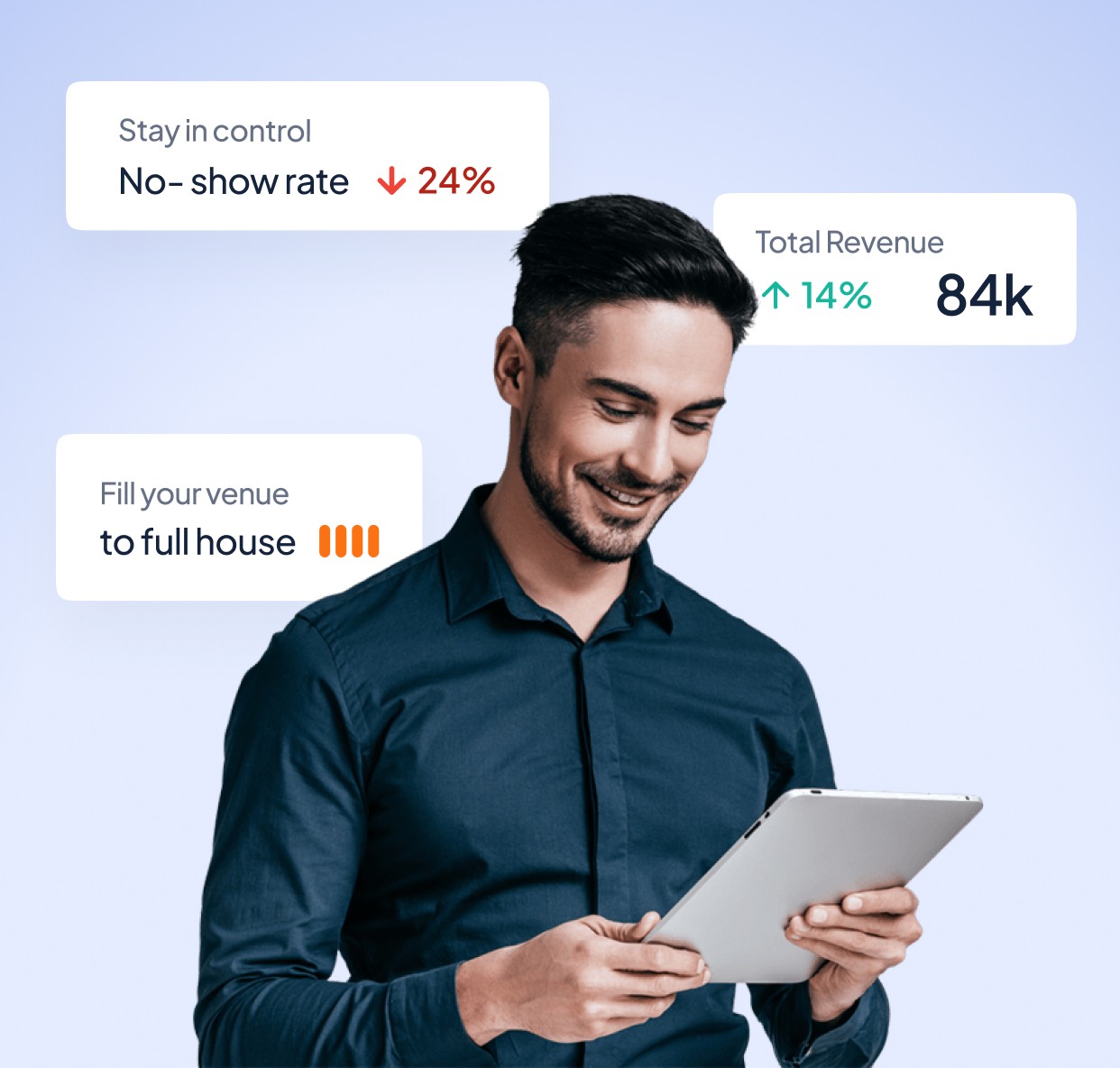 Restaurant staff reviewing guest risk indicators and no-show reduction metrics on tablet
