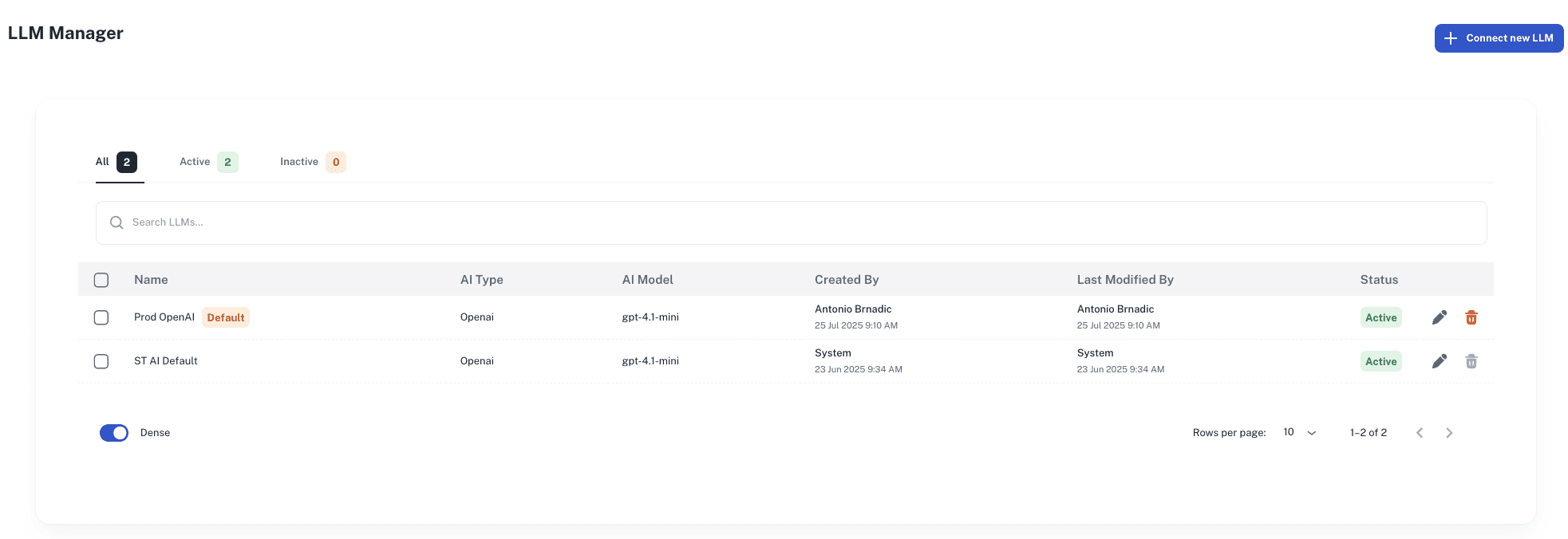 LLM Manager Dashboard showing connected AI providers in a clean table interface