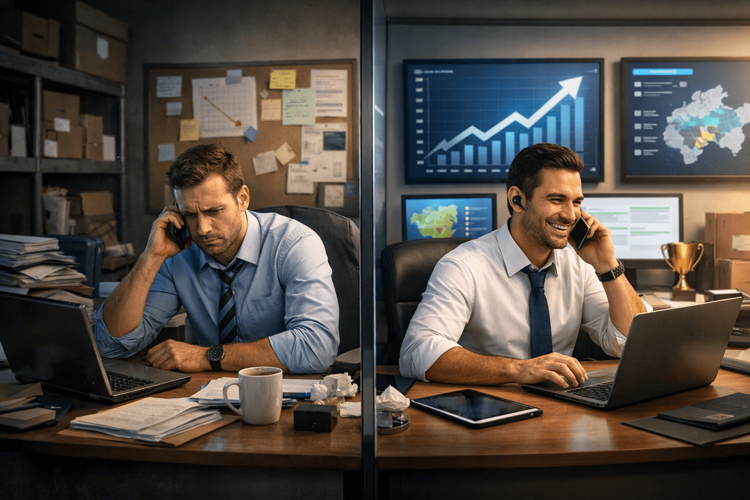 Imagem em estilo 3D realista mostrando dois vendedores em ambientes lado a lado. À esquerda, um homem com expressão cansada e frustrada, mesa desorganizada com papéis e café, ambiente mais escuro e gráfico de desempenho em queda ao fundo. À direita, outro vendedor confiante e sorrindo, mesa limpa e organizada, ambiente bem iluminado com telas exibindo gráficos de crescimento e bons resultados.