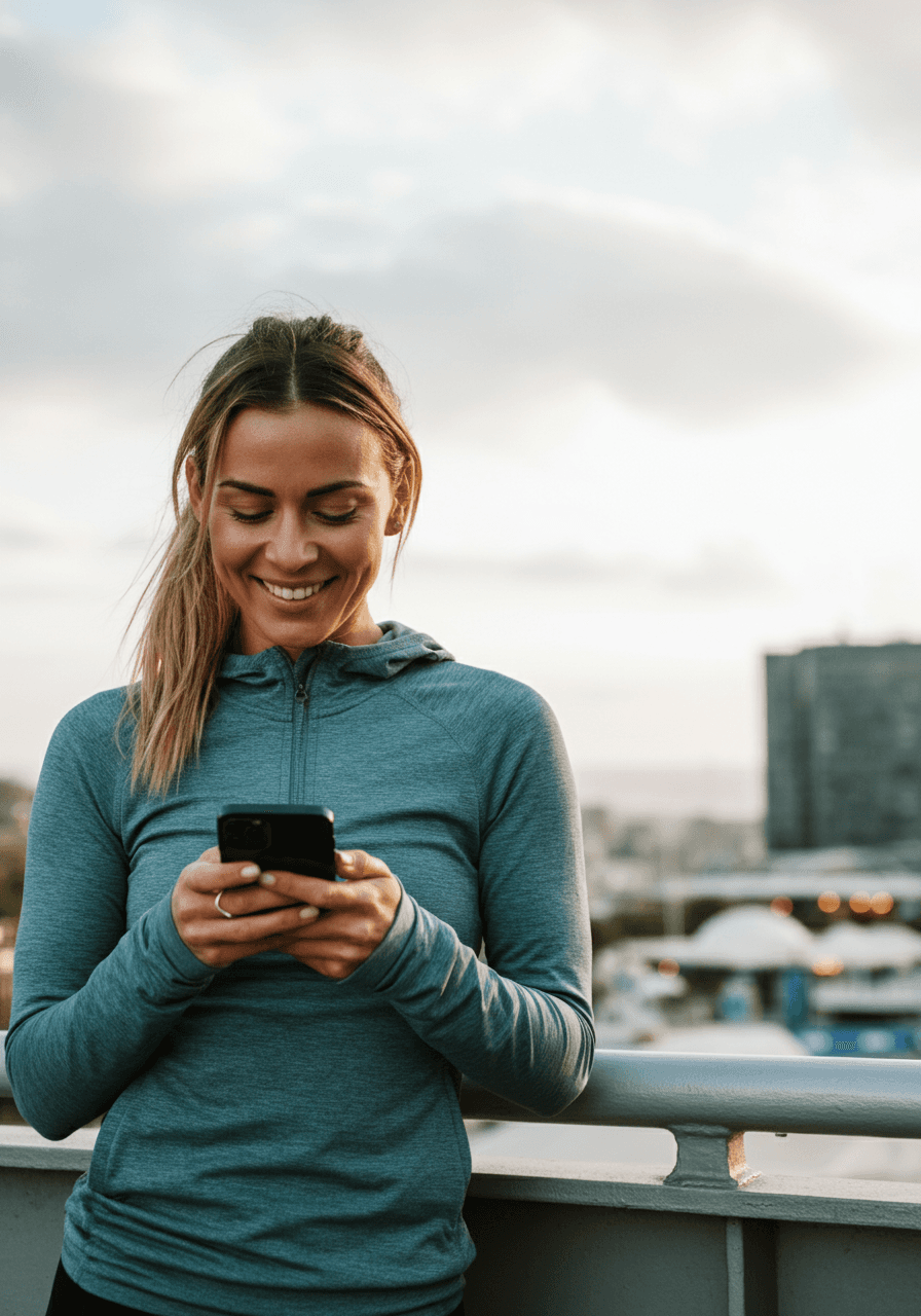 female looking down at phone in city setting dressed in fitness outfit 