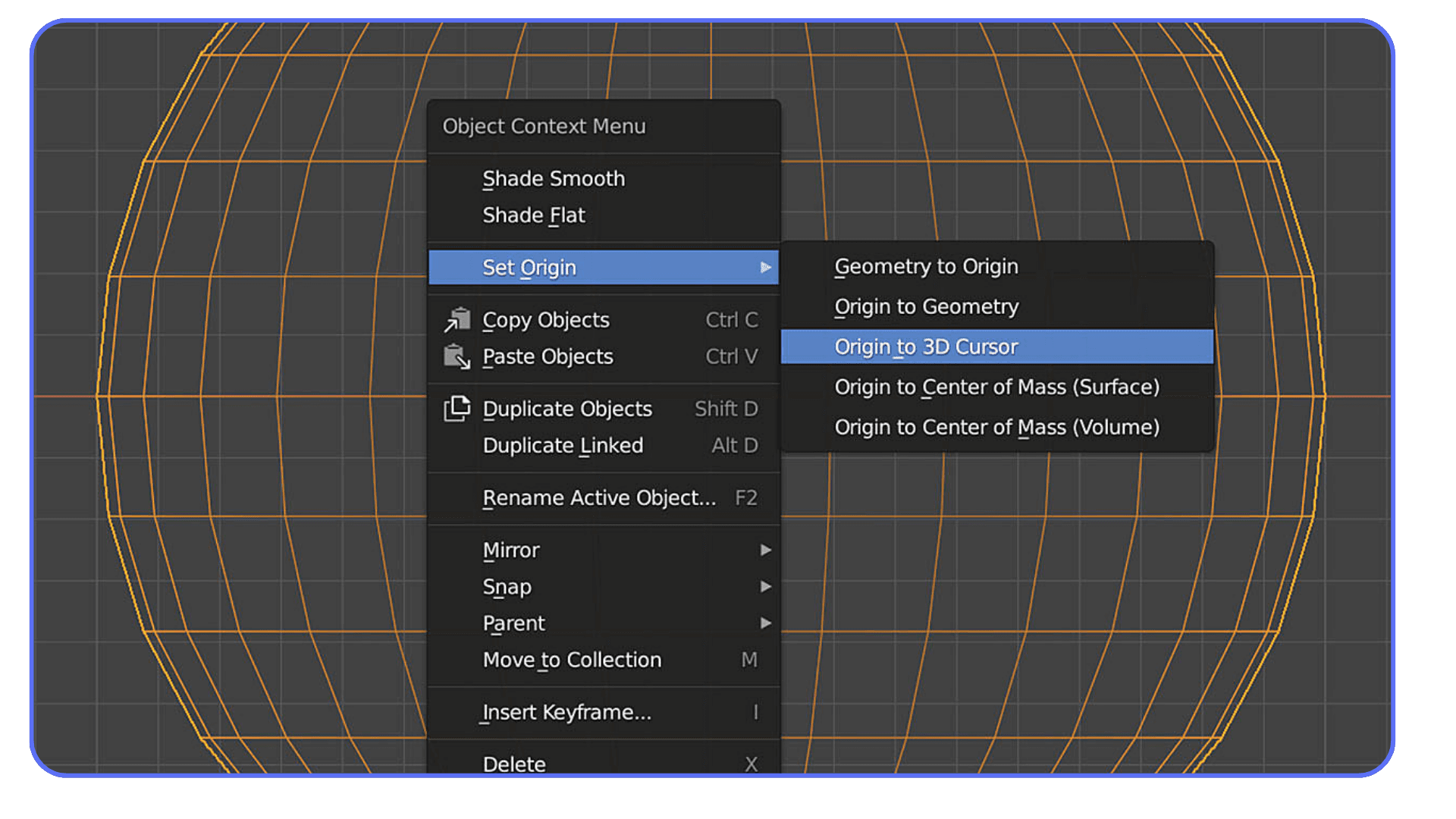 Setting an object’s origin to the 3D Cursor using Blender’s context menu