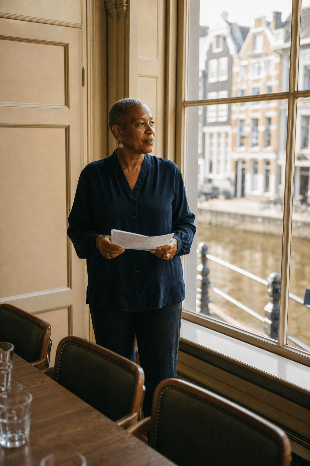 Director standing at a canal window with papers, waiting for the board to sit
