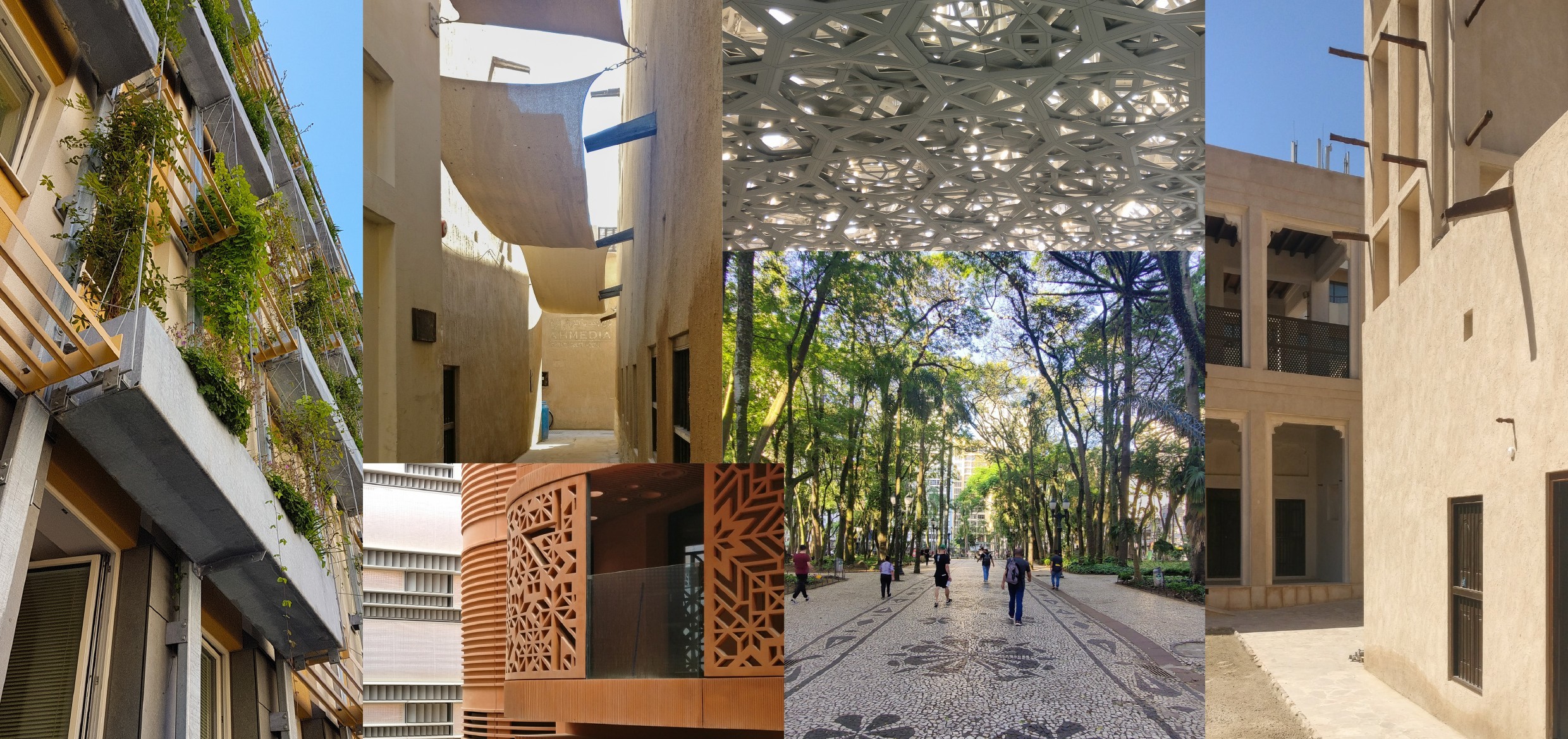 A collage featuring several architectural and landscape examples: a green façade with climbing plants, a narrow alley shaded by fabric canopies, an intricate patterned façade element, a wide park path lined with tall trees, and bright buildings in a traditional architectural style.