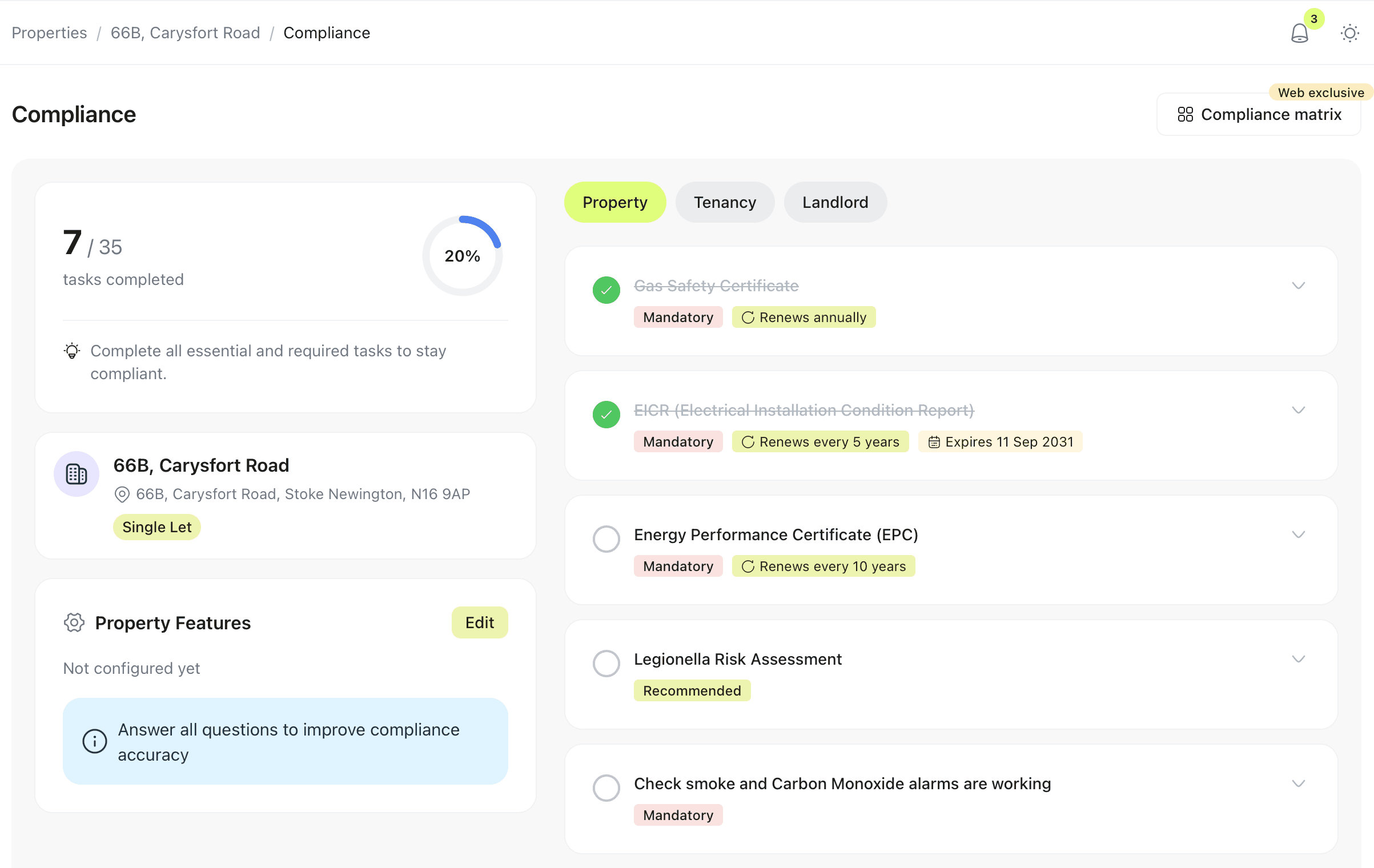 Compliance dashboard showing gas safety, EICR, EPC and Right to Rent certificate expiry dates for a UK rental property.