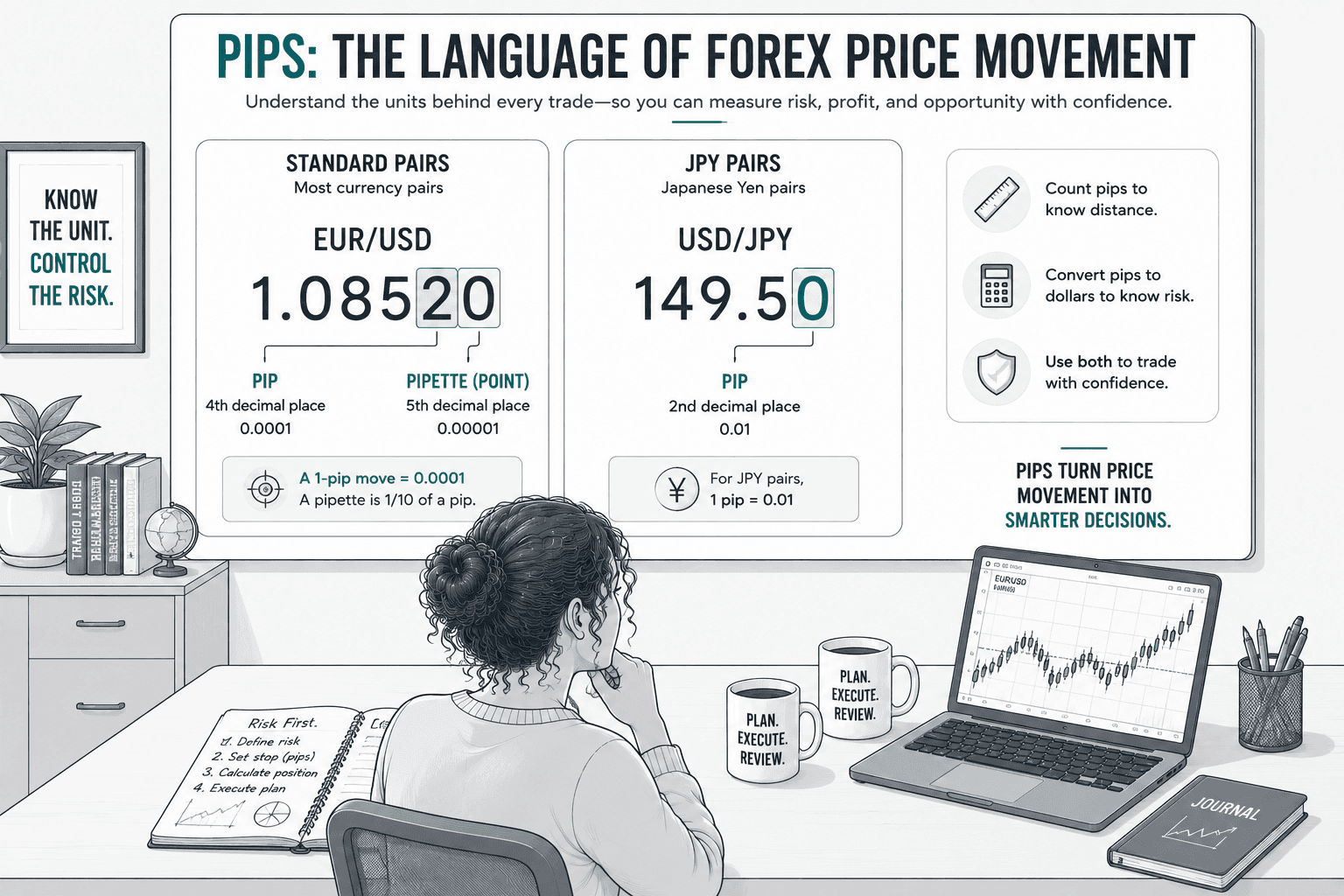Educational comparison showing where the pip and pipette appear in standard currency pairs and where the pip appears in JPY pairs. Standard pairs use the fourth decimal place for a pip, JPY pairs use the second decimal place, and a pipette represents one-tenth of a pip.