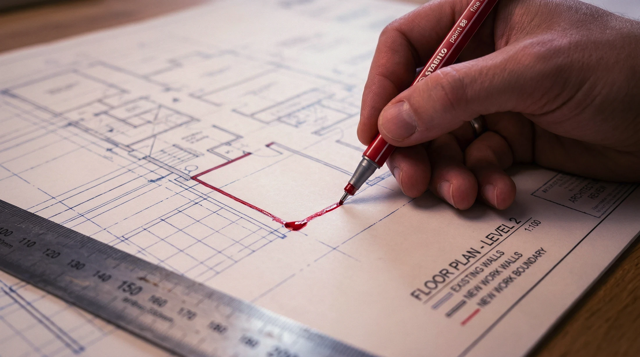 Hand drawing red line on architectural floor plan.