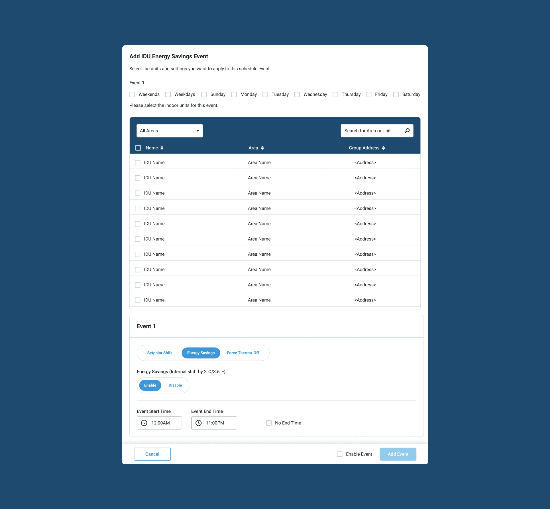 Mockup of adding an event to the schedule