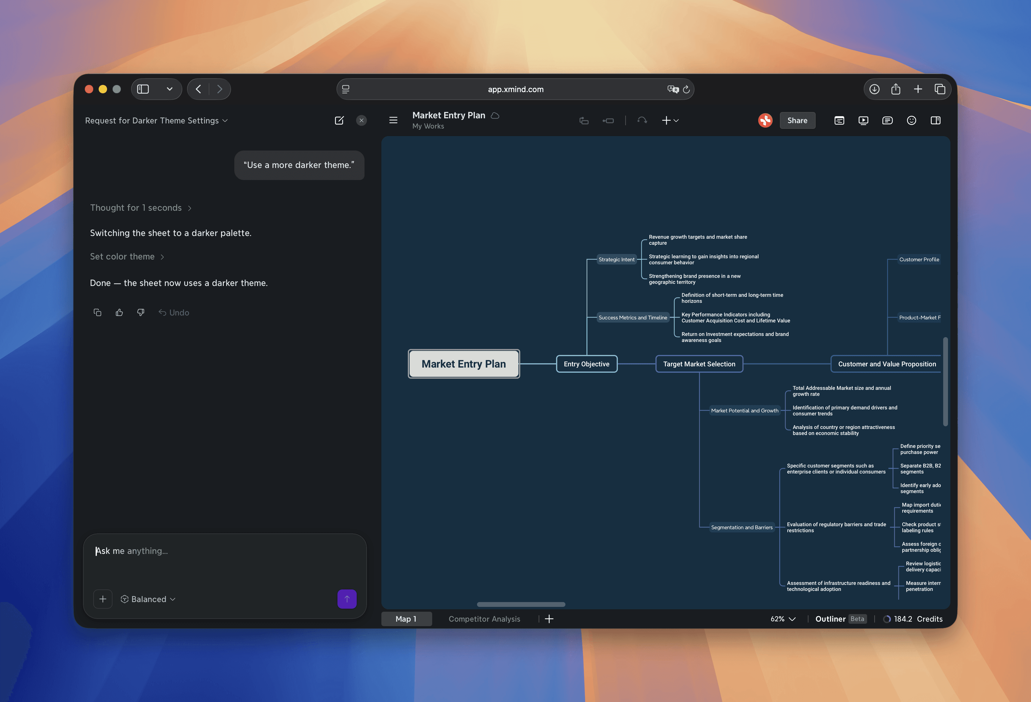 Xmind AI applies a darker, more professional theme to the entire mind map.