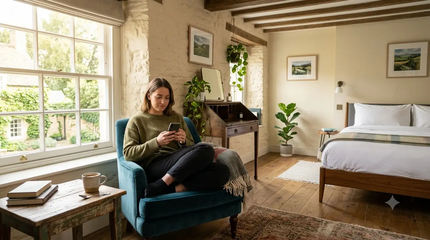 A hotel guest viewing a digital guidebook with local tips on a phone in a boutique hotel room.