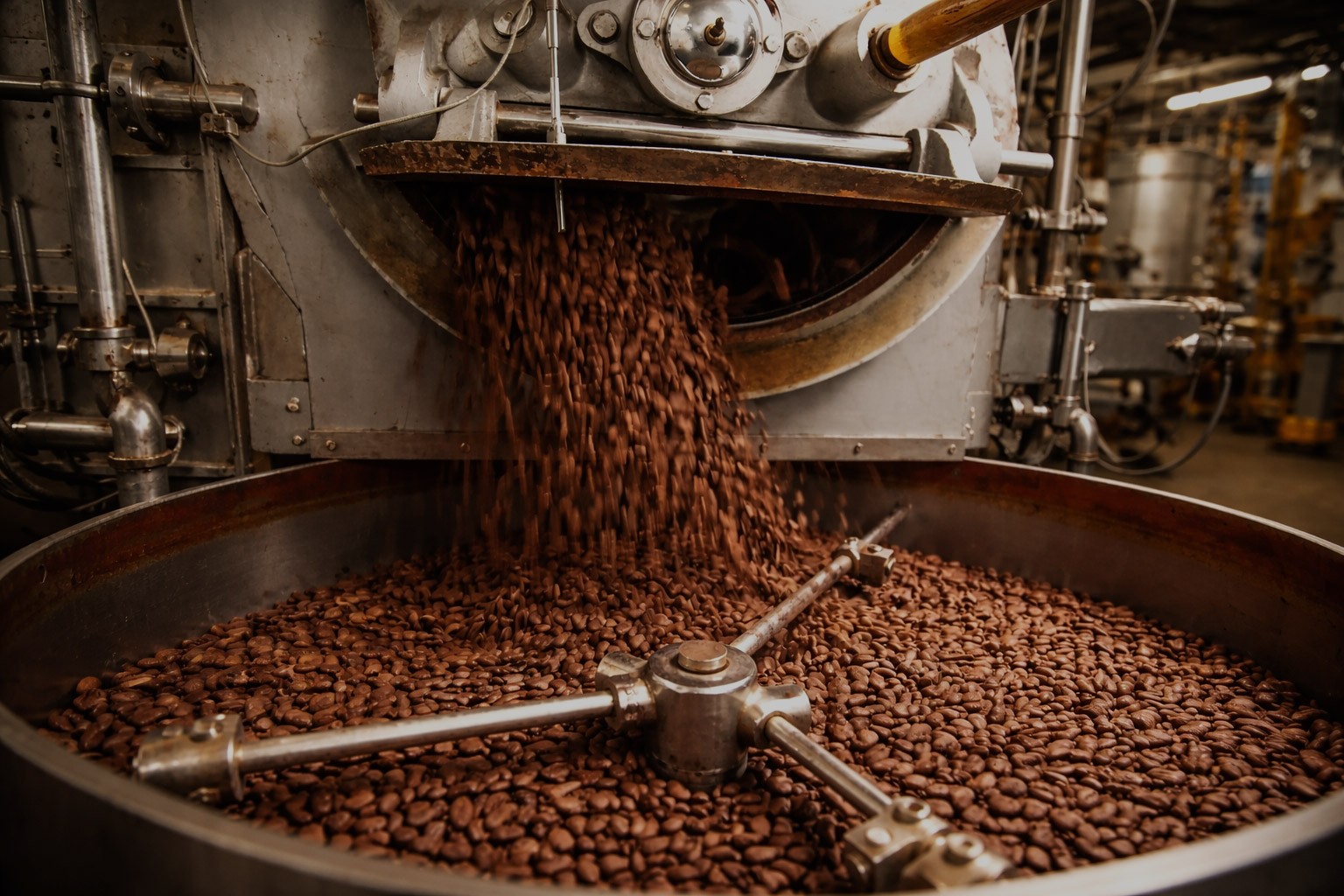 Des fèves de cacao à l'intérieur du tambour d'un torréfacteur