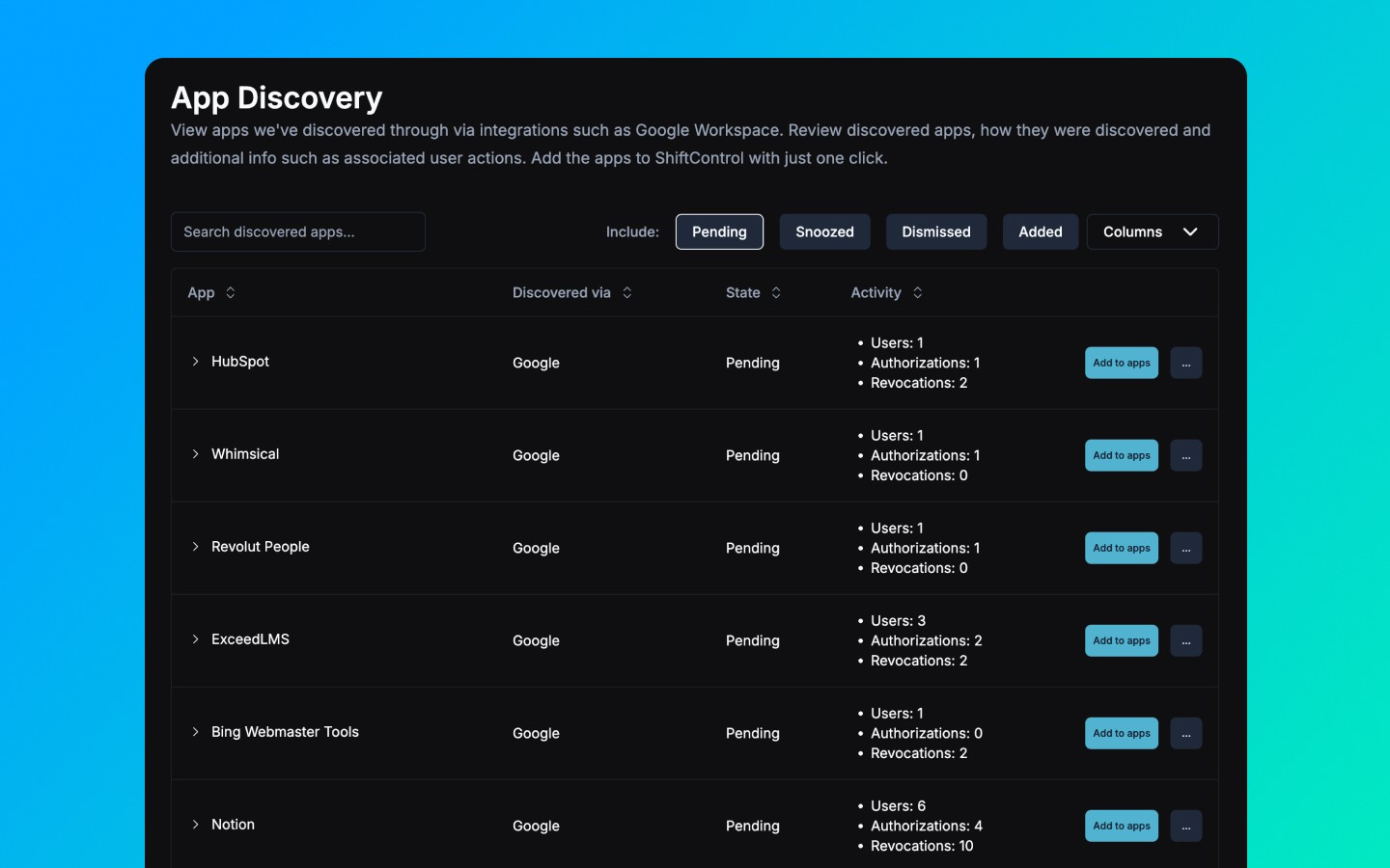 App discovery, ShiftControl