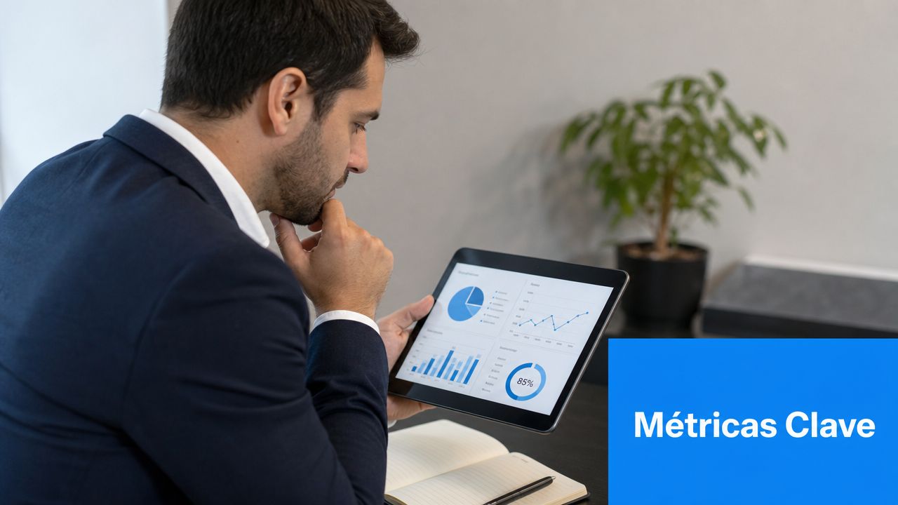 Un ejecutivo de negocios analizando métricas de rendimiento en una tablet digital en su oficina.