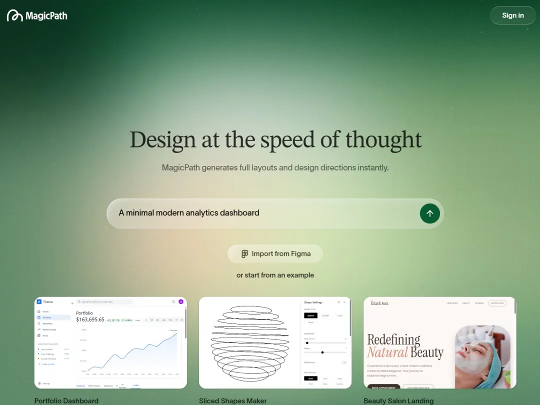 Magicpath website hero section with a green gradient background, input field that suggests prompts. With some screenshots below the hero