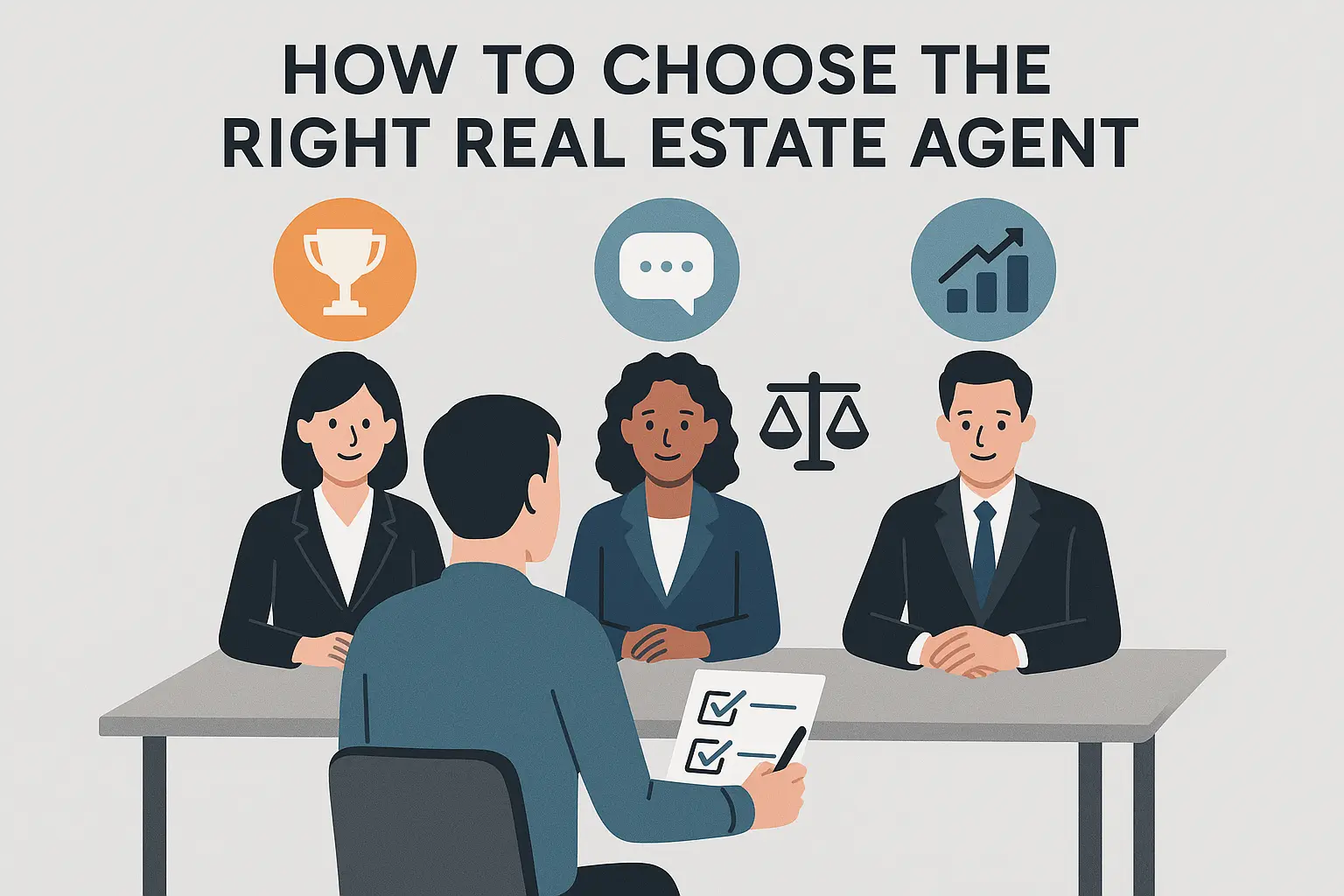 llustration titled "HOW TO CHOOSE THE RIGHT REAL ESTATE AGENT," showing a person interviewing three prospective agents and checking off a list. Icons above the agents represent key criteria like experience (trophy), communication (chat bubble), and market expertise (graph). This highlights the importance of selecting a qualified realtor for home buying.