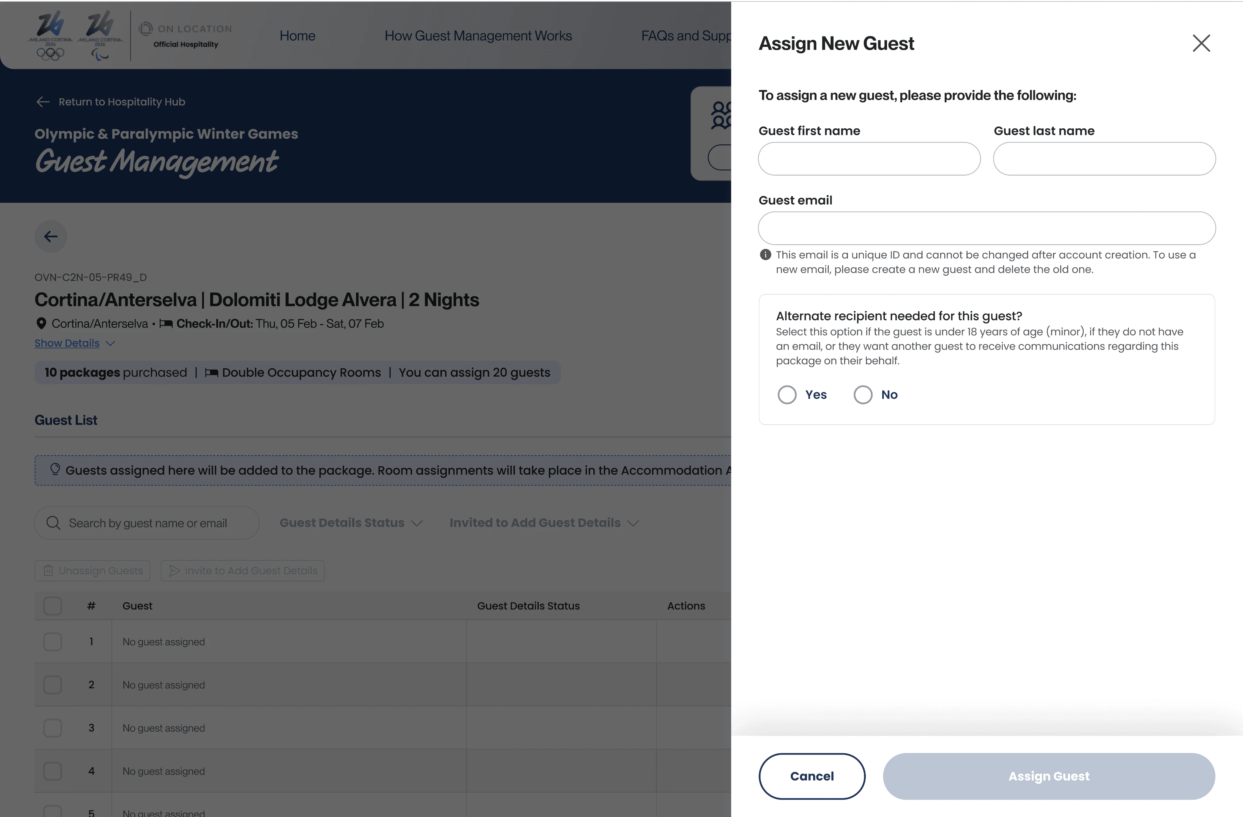 Guest Management Assign New Guest form