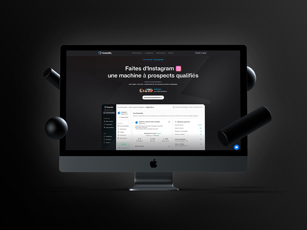 Site web Gramth.ai pour automatisations Instagram intelligentes, conçu par Keyz Digital.
