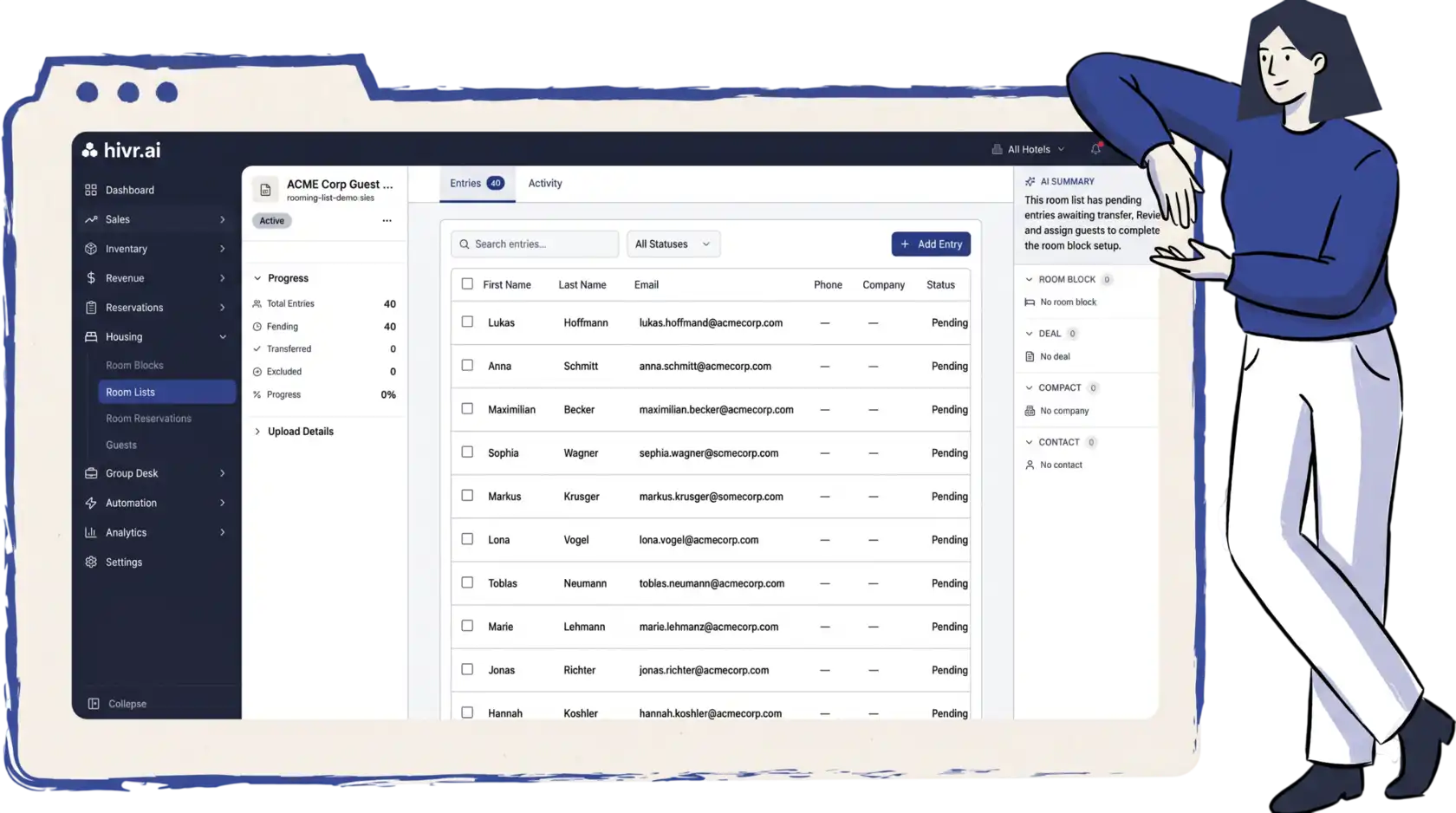 Dashboard of rooming list functionality