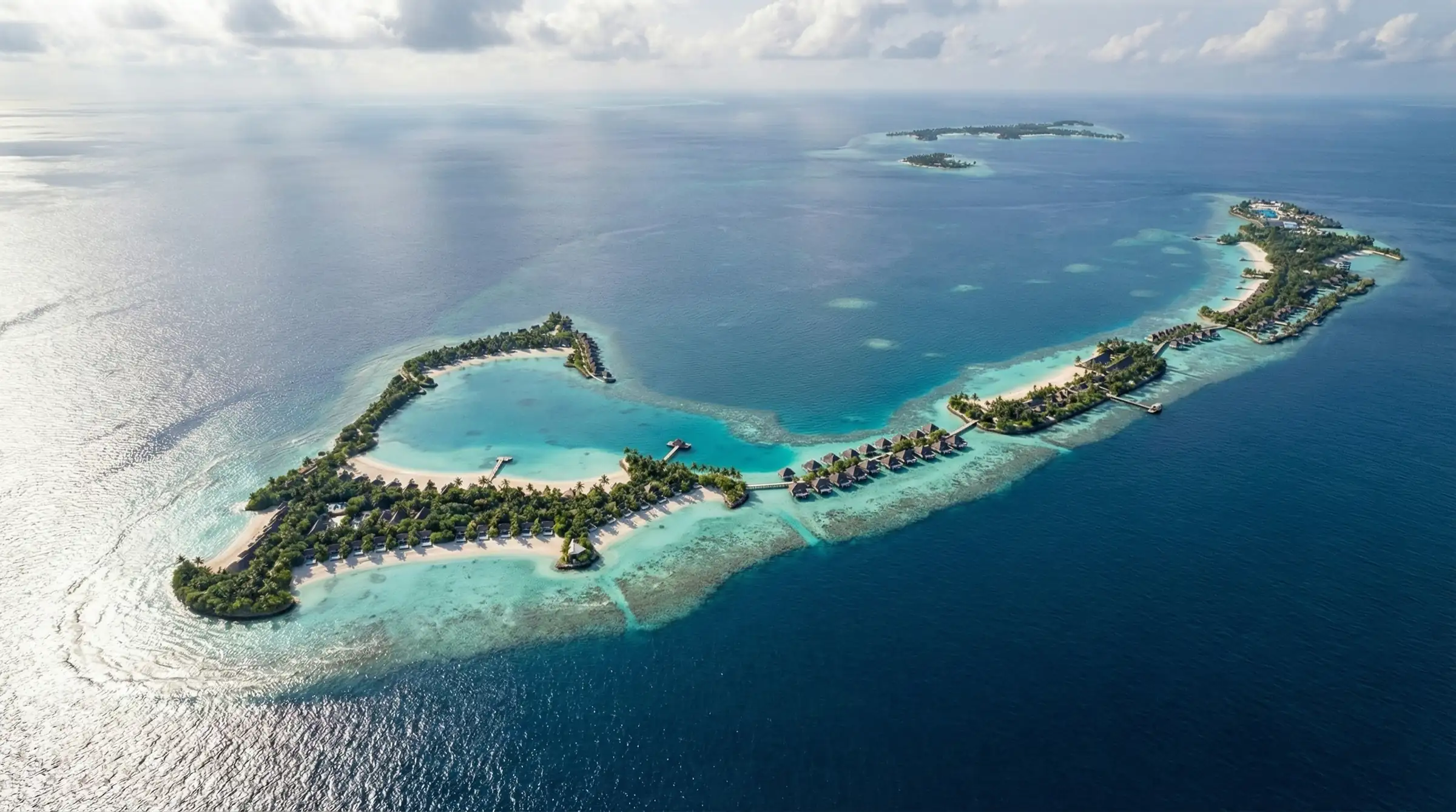 High aerial overview of the long, slender resort island curving around its lagoon in the open ocean