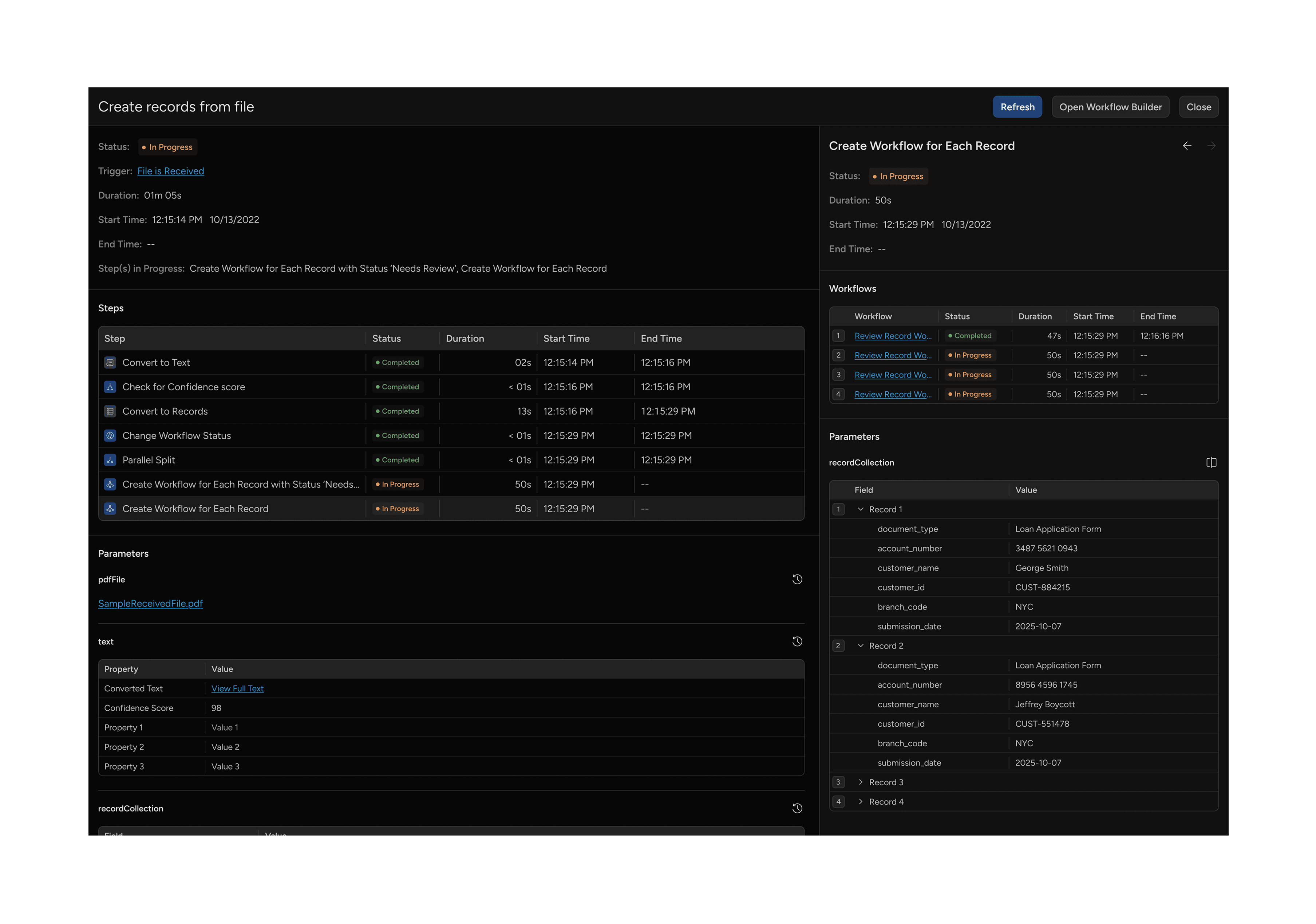 Grid view showing failed step with error details on right
