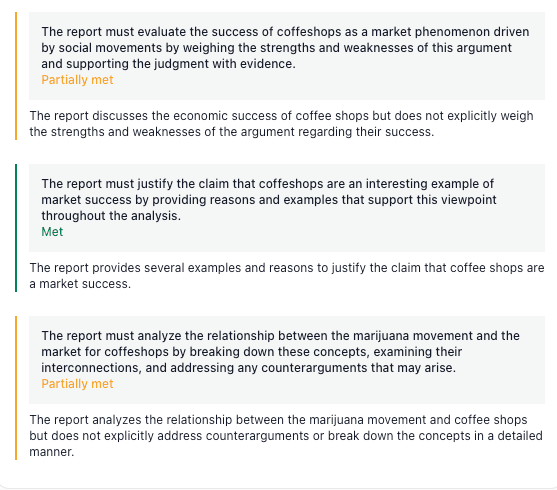 Screenshot of thesify feedback on a section of an academic writing draft showing one claim marked Met for being supported with reasons and examples, and other claims marked Partially Met for failing to weigh strengths and weaknesses or address counterarguments clearly enough.