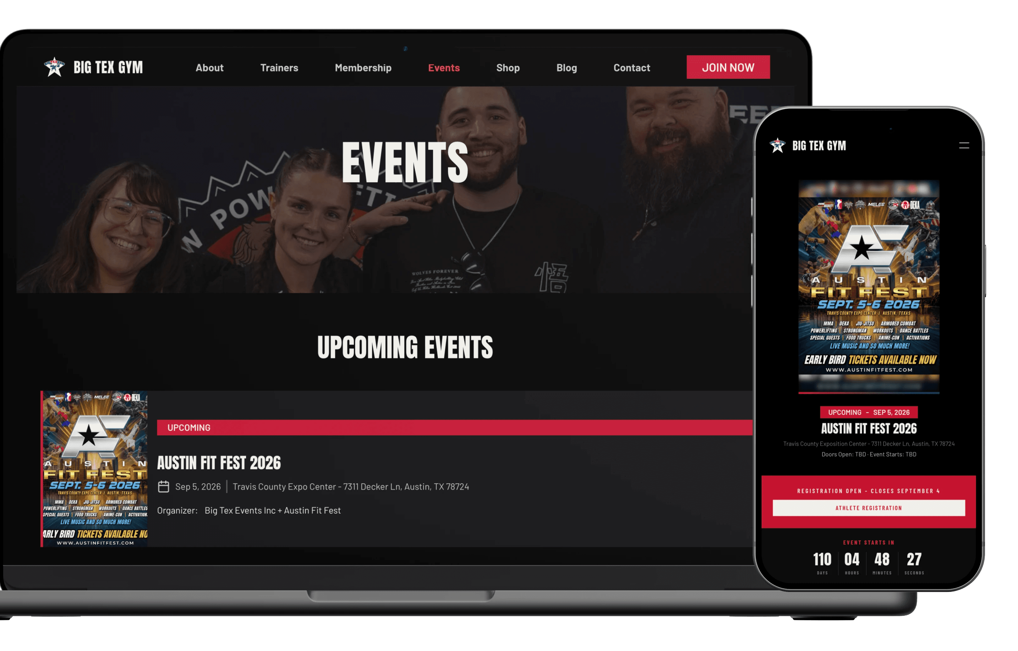 Big tex gym mockups of the events on desktop and mobile