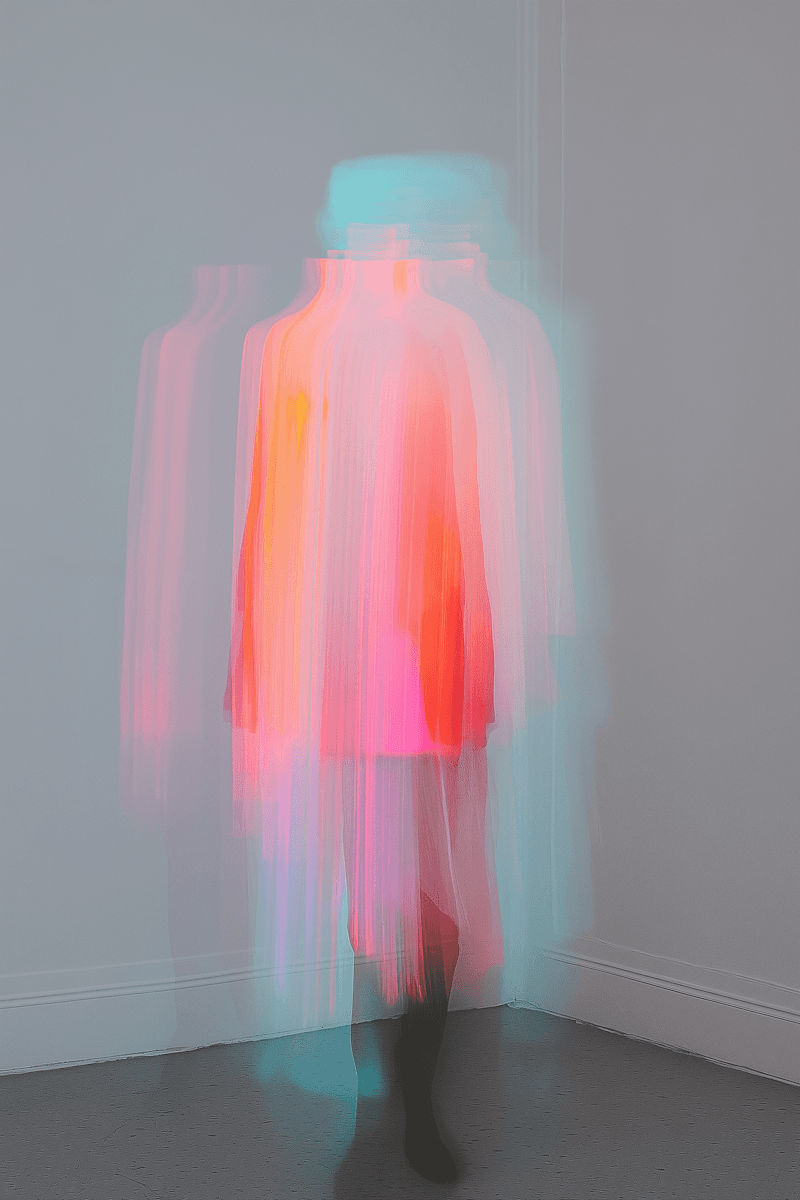 A blurred figure wearing a brightly colored jacket, creating a sense of movement against a plain background.