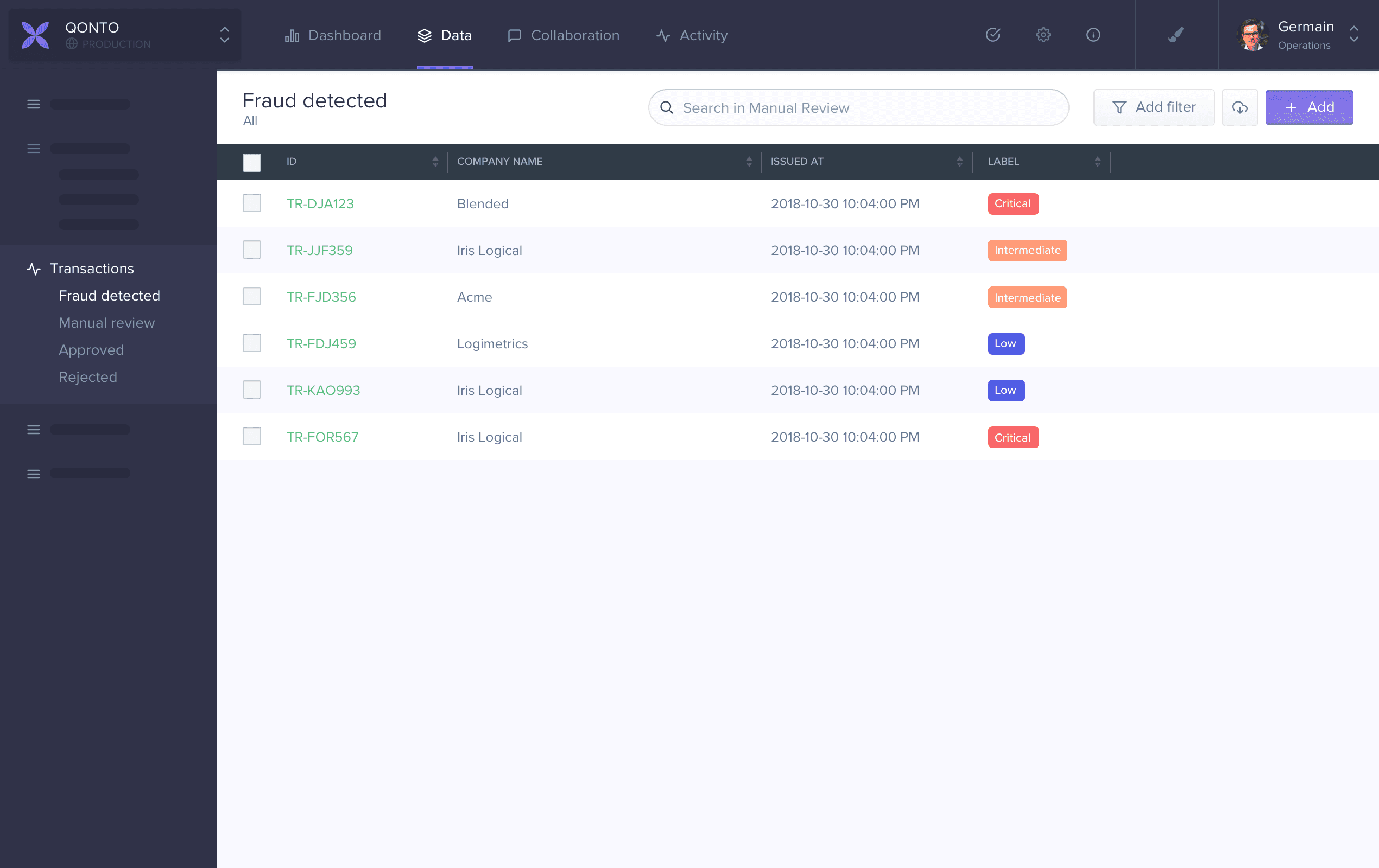 A Forest Admin collection view example on Transactions.