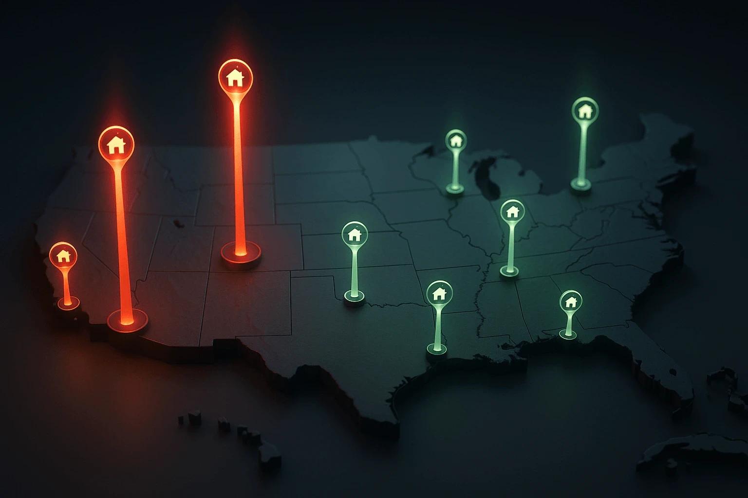 Regional home affordability map showing housing costs by metro area. 3D United States map with red glowing pins marking expensive housing markets.