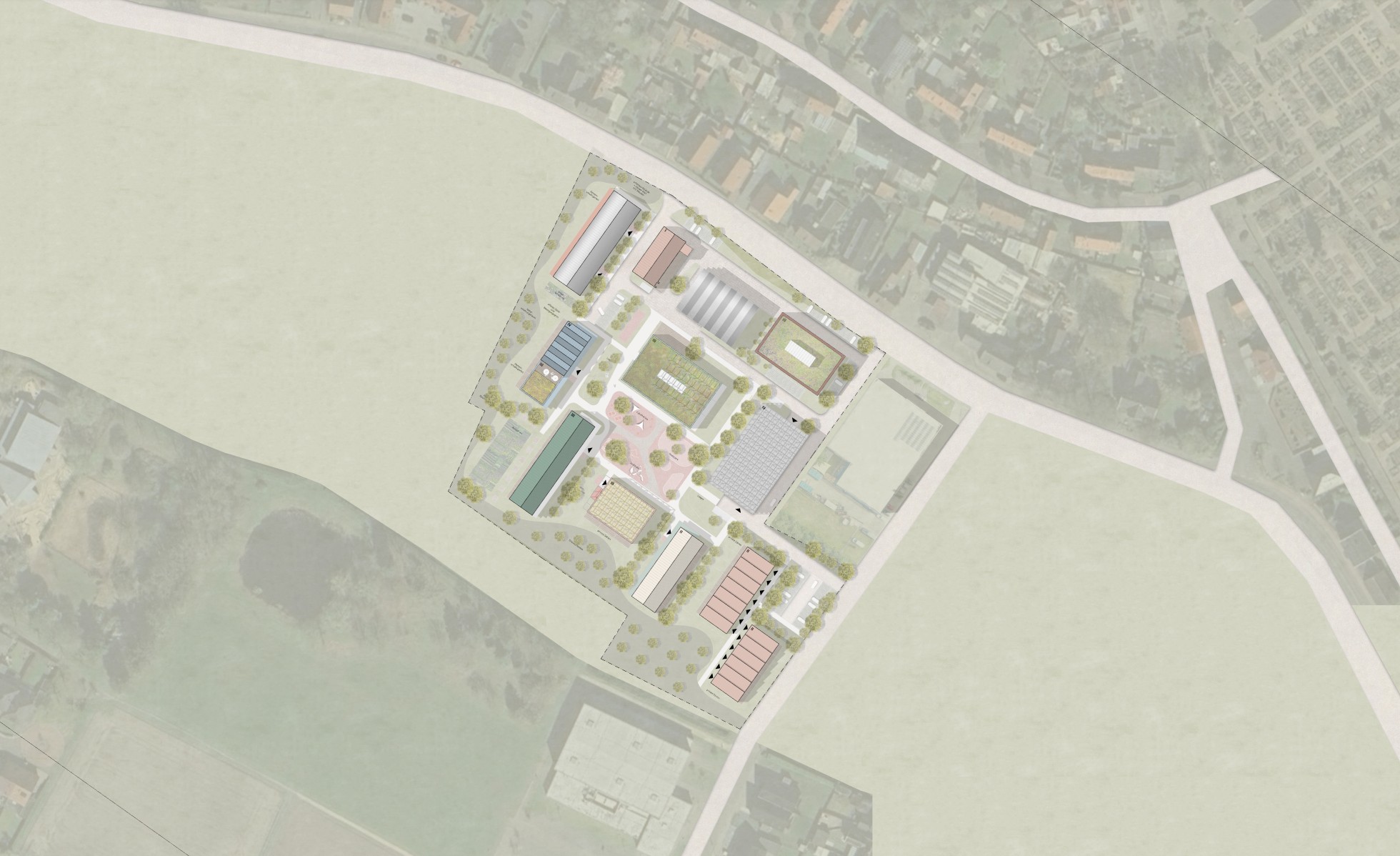 Isometrische Zeichnung eines Bauprojekts mit mehreren Gebäuden und markierten Strukturen in Rot