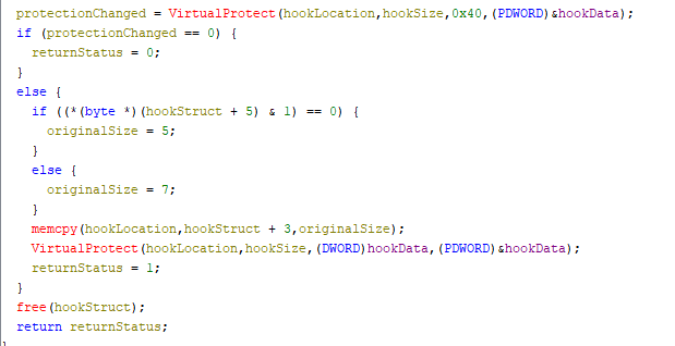 Dekompilierte Funktion MinHookDisable (Teil 2): VirtualProtect setzt PAGE_EXECUTE_READWRITE (0x40), memcpy stellt die 5 oder 7 Originalbytes aus hookStruct + 3 wieder her, anschließend wird der Speicherschutz wiederhergestellt und hookStruct freigegeben.
