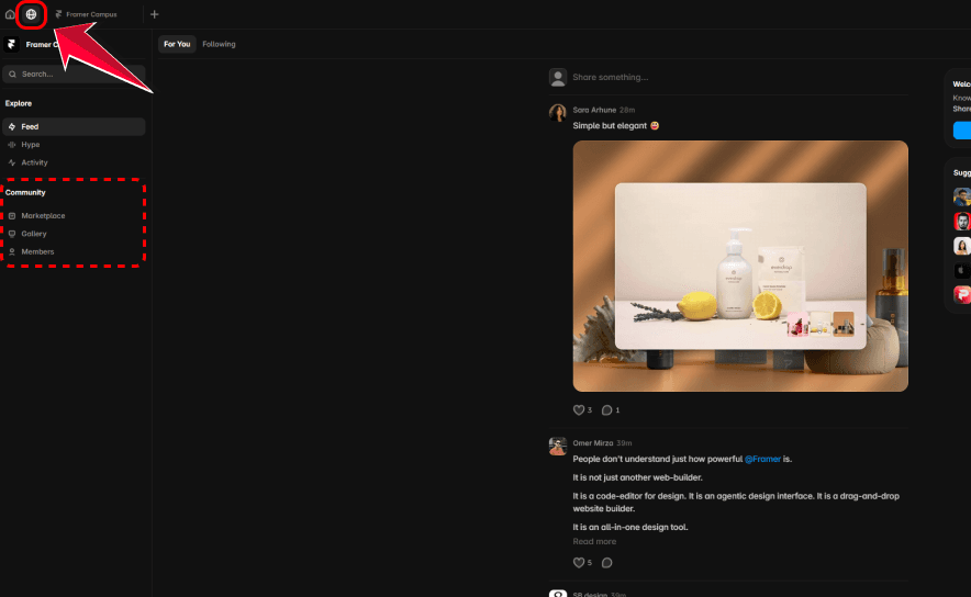 Nouvelle Community Framer 3.0 avec le feed, le Marketplace, la galerie et les membres réunis dans une seule interface