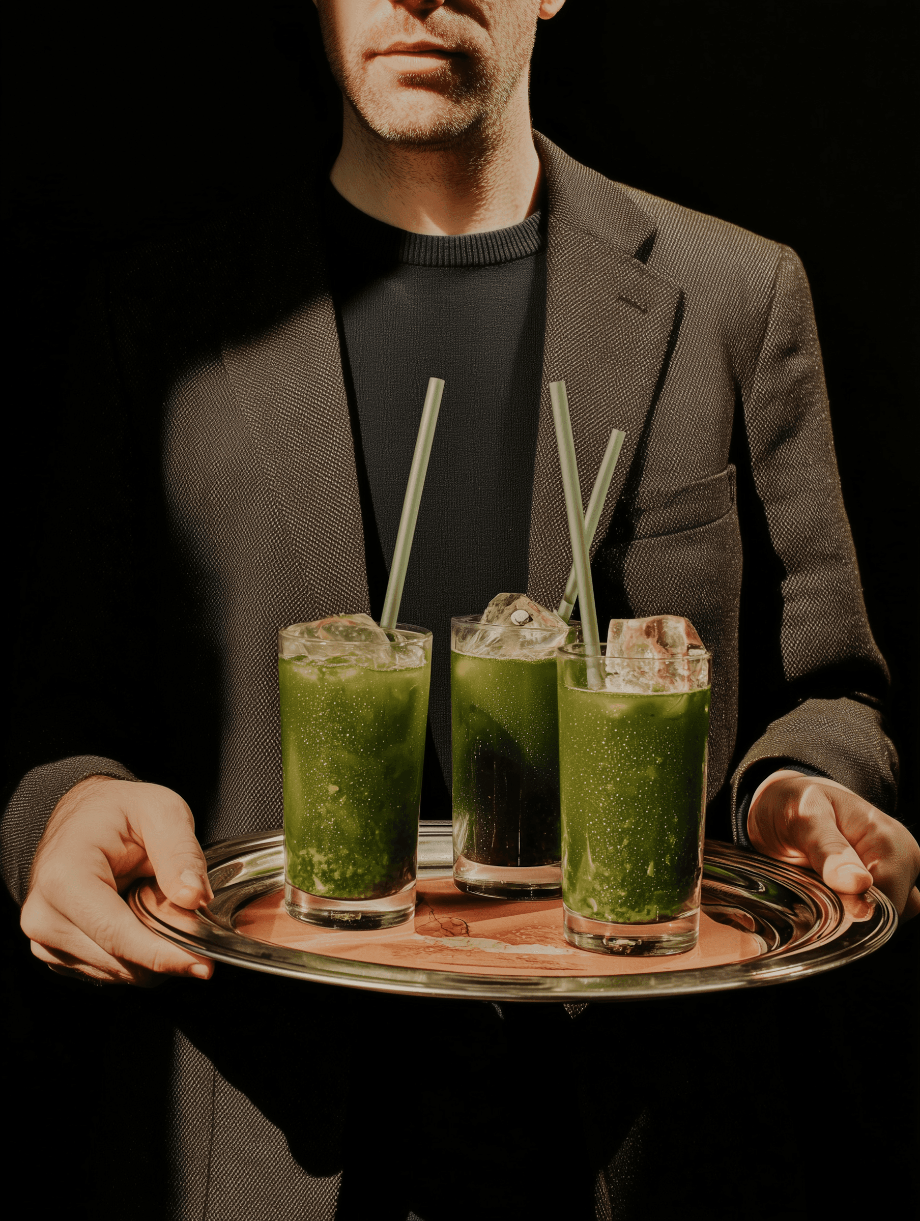 A person in a dark suit holds a tray with three glasses of green juice, featuring ice cubes and straws, against a dark background.