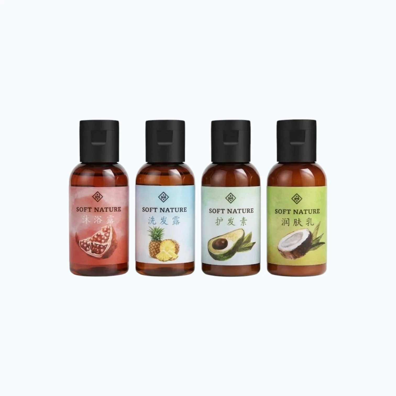 Portable travel toiletries set including hand wash and dish soap in a transparent carry bag, ideal for retail supermarket shelves and travel essentials section.