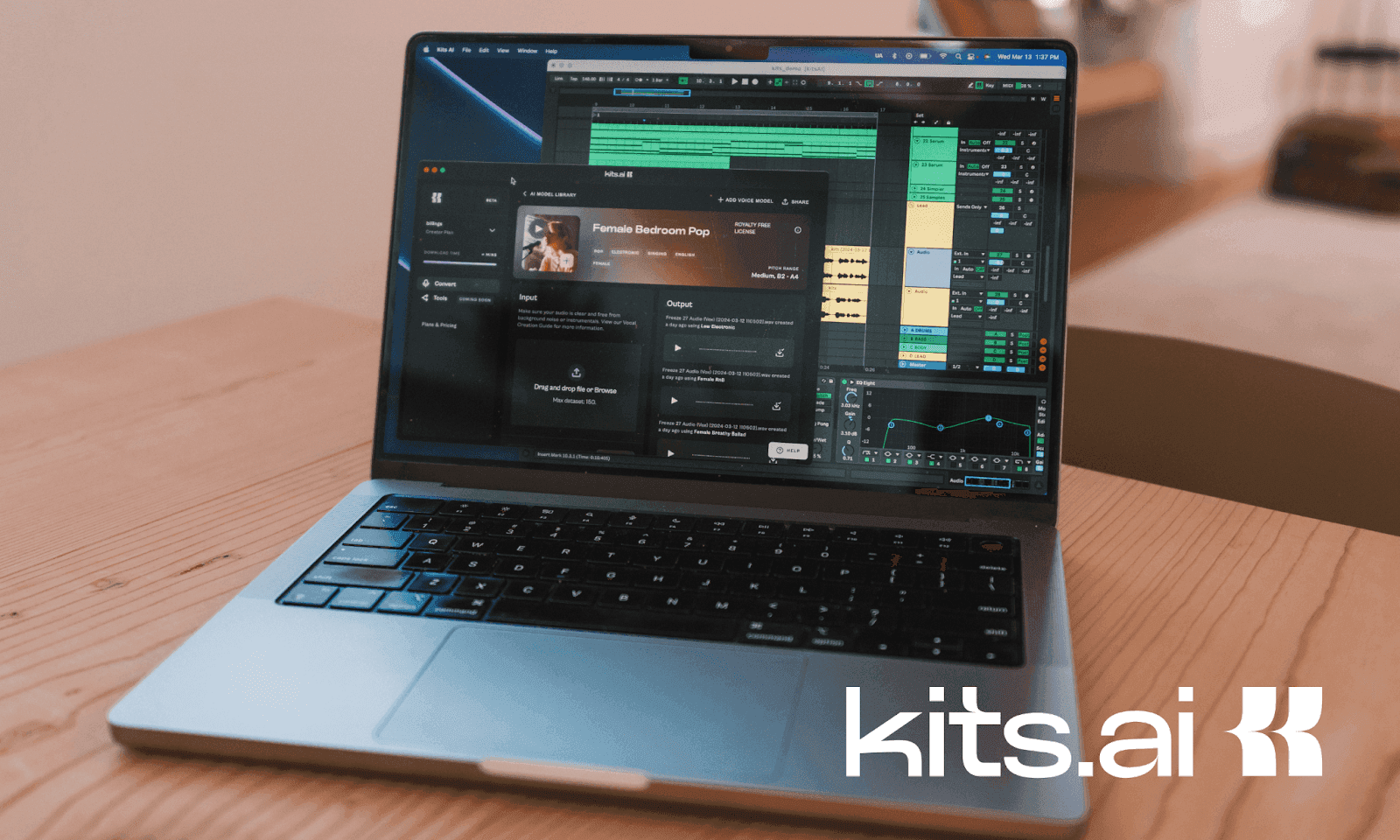 Open laptop featuring Kits AI desktop application and an open DAW