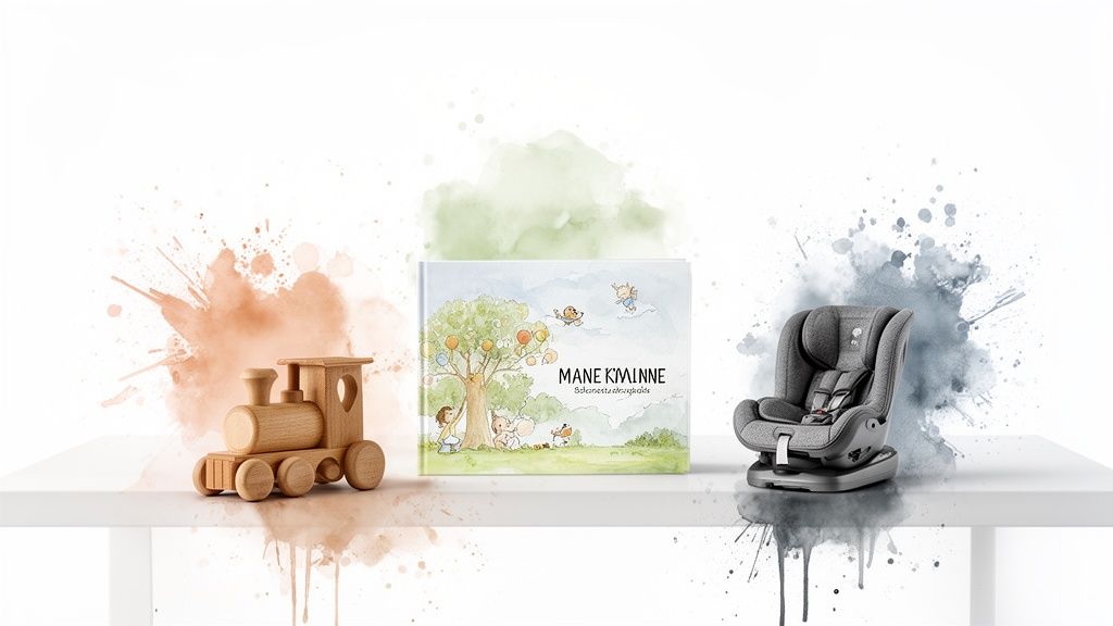 A wooden toy train, a children's book, and a grey baby car seat with colorful splashes.