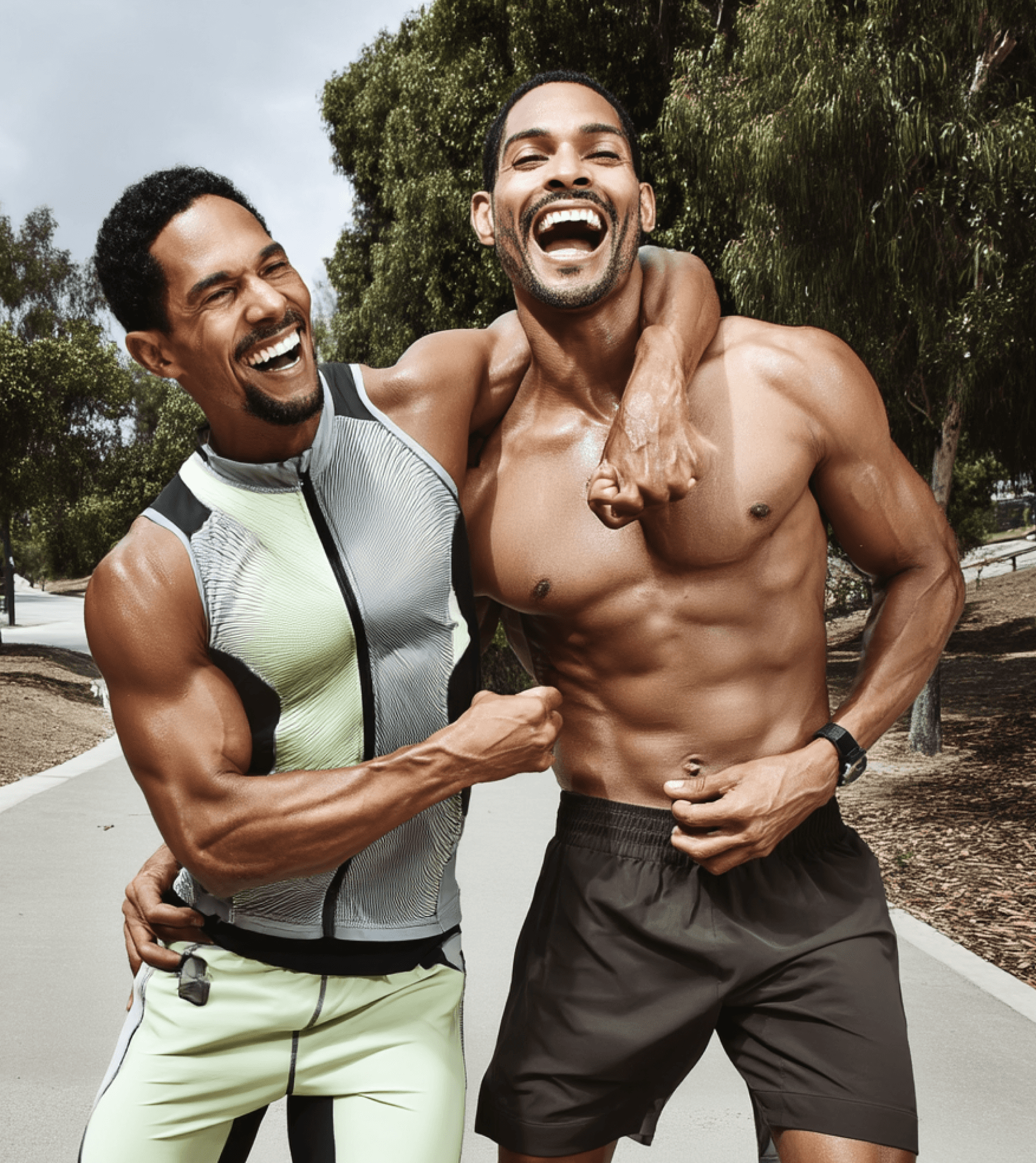 Two athletic men smiling and enjoying a workout outdoors, paired with the text 'Have a busy schedule and need smarter routines'.